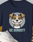 Funny dog shirt featuring a cartoon dog with the text ME HUNGRY? and playful bone-shaped treats. Designed by Dog Gang.