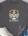 Charcoal tee with a grinning cartoon dog saying ME HUNGRY? Perfect for any dog lover. Designed by Dog Gang.