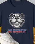 The Me Hungry? Volume 5 unisex T-shirt features a funny bulldog face with the caption ME HUNGRY? and playful dog bones. Cute dog design on navy cotton. Designed by Dog Gang.