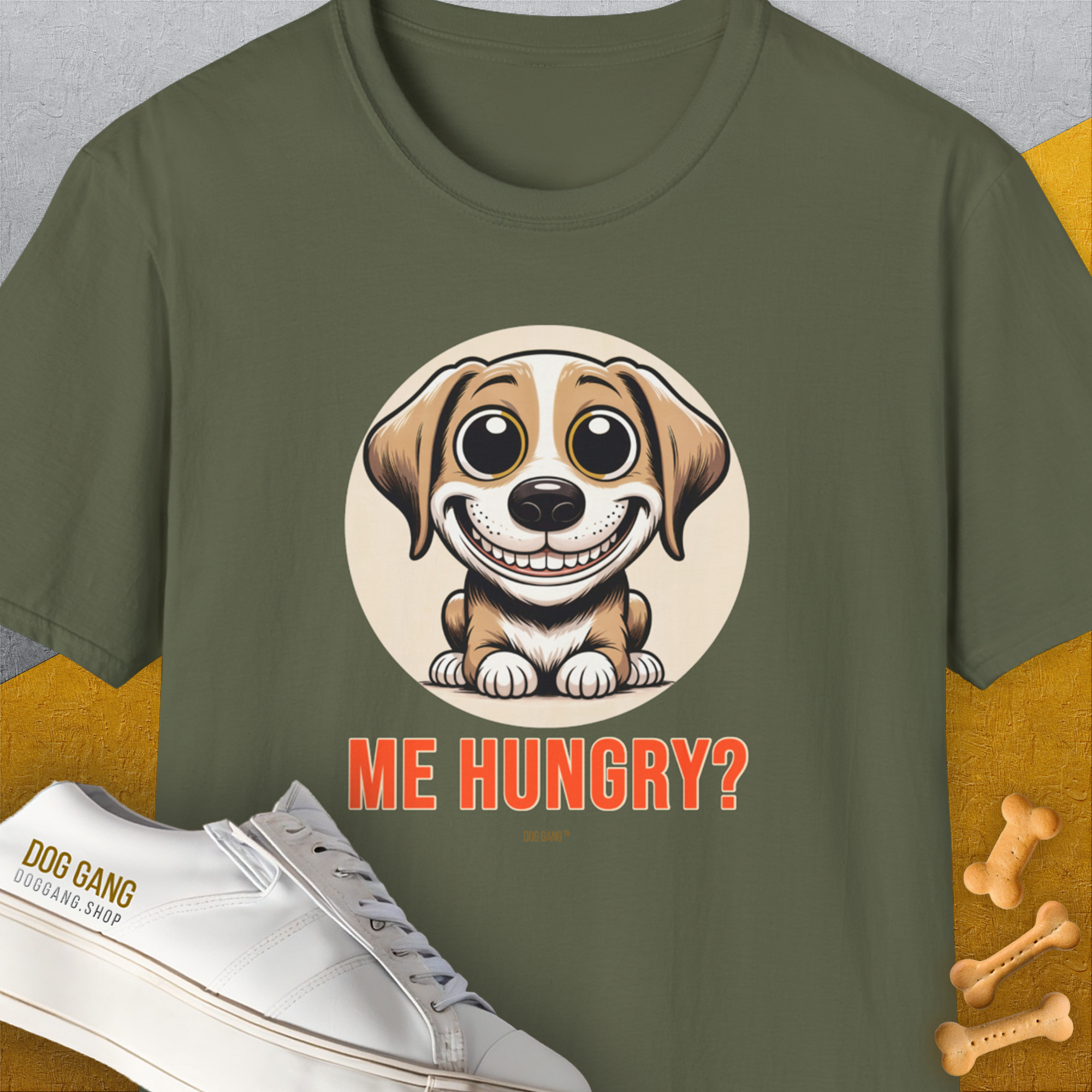 Me Hungry? Volume 2, Unisex T-Shirt-Military Green. A perfect gift for dog lovers and dog owners. Design by Dog Gang