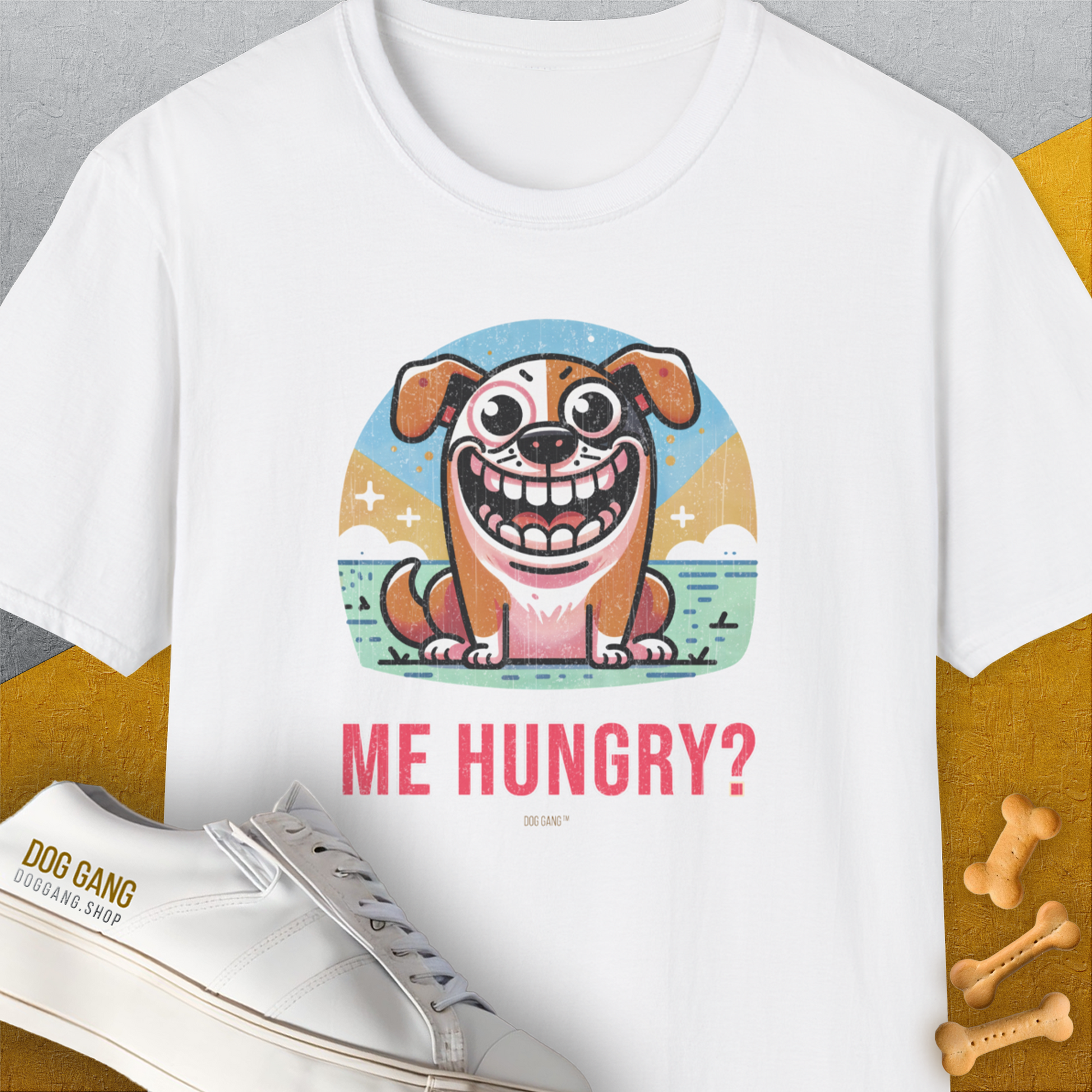 Me Hungry? Volume 3, Unisex T-Shirt-White. A perfect gift for dog lovers and dog owners. Design by Dog Gang