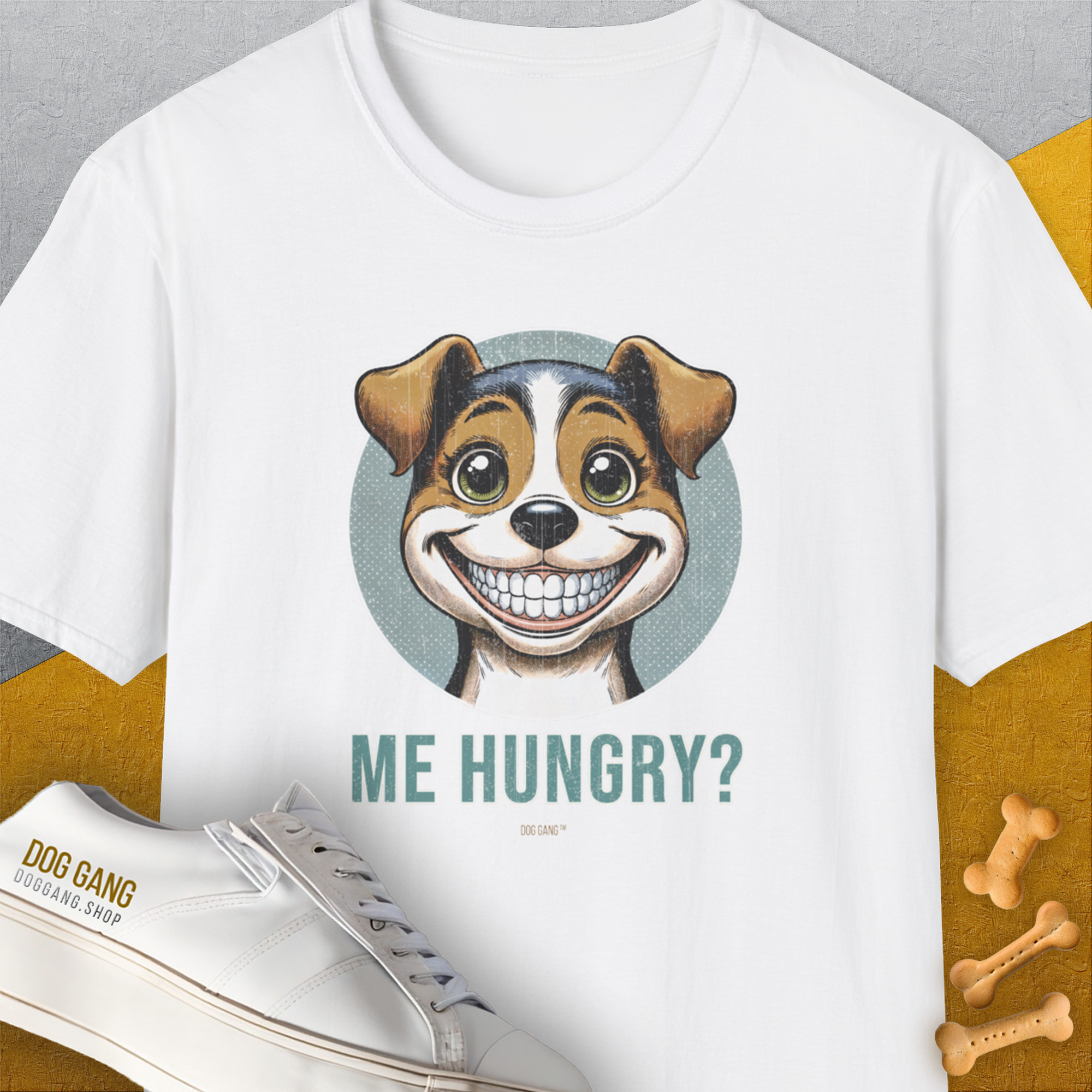 Me Hungry? Volume 4, Unisex T-Shirt-White. A perfect gift for dog lovers and dog owners. Design by Dog Gang
