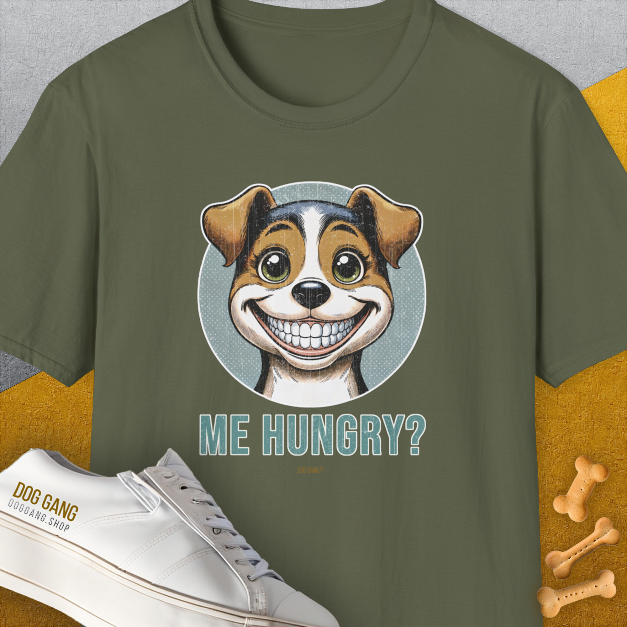 Me Hungry? Volume 4, Unisex T-Shirt-Military Green, Design by Dog Gang