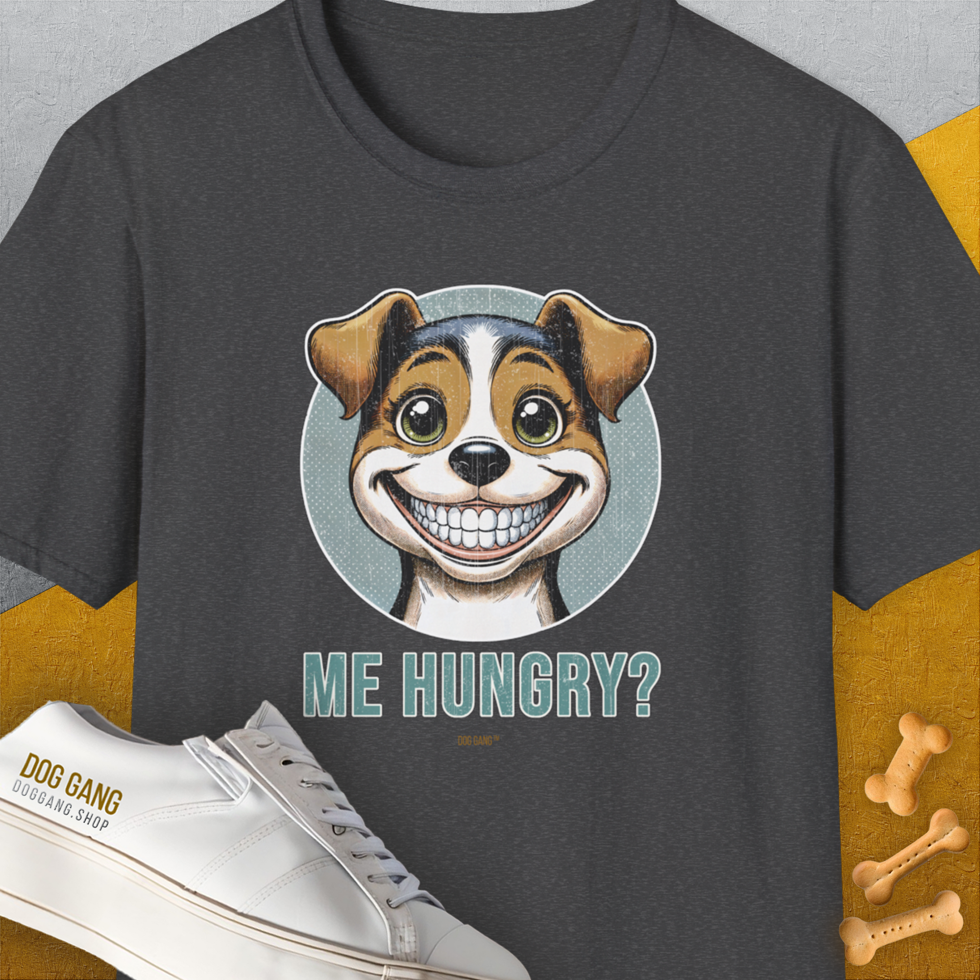 Me Hungry? Volume 4, Unisex T-Shirt-Dark Heather, Design by Dog Gang