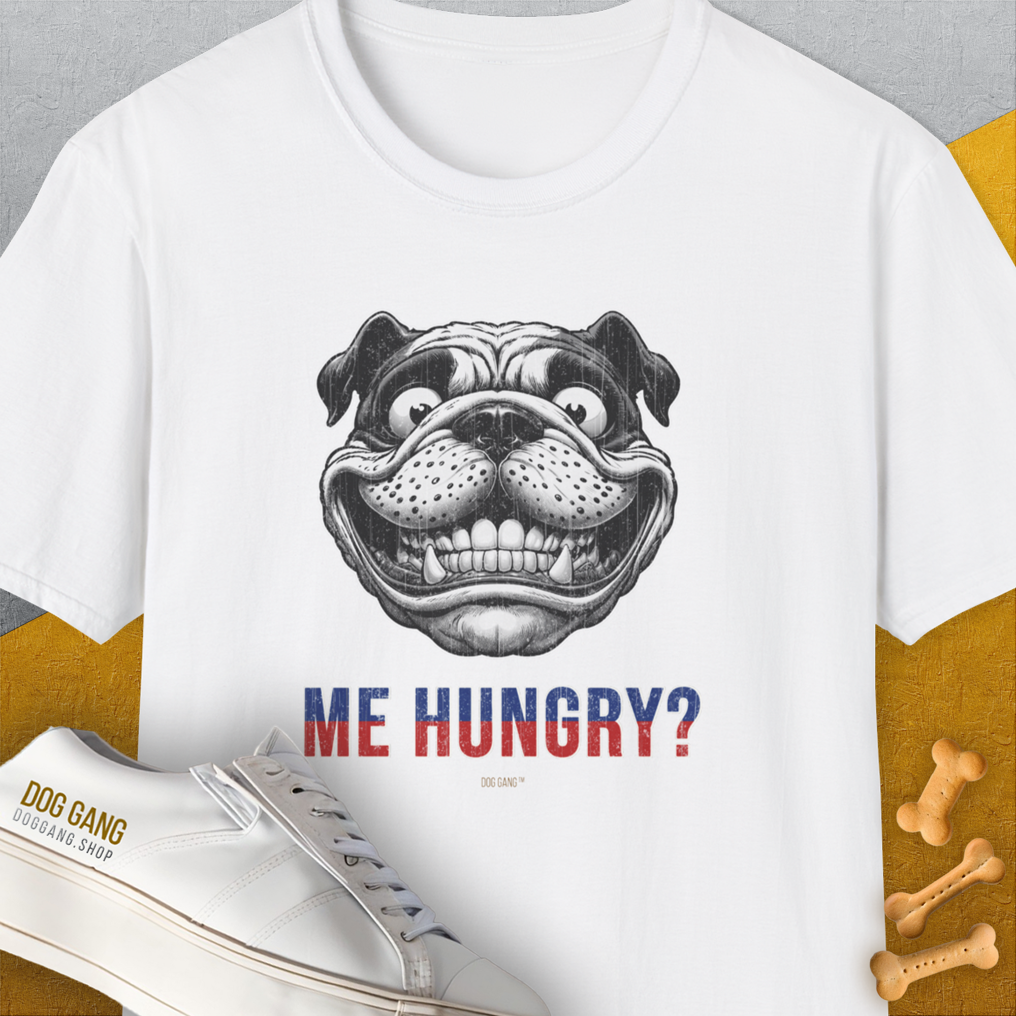 Me Hungry? Volume 5, Unisex T-Shirt-White. A perfect gift for dog lovers and dog owners. Design by Dog Gang