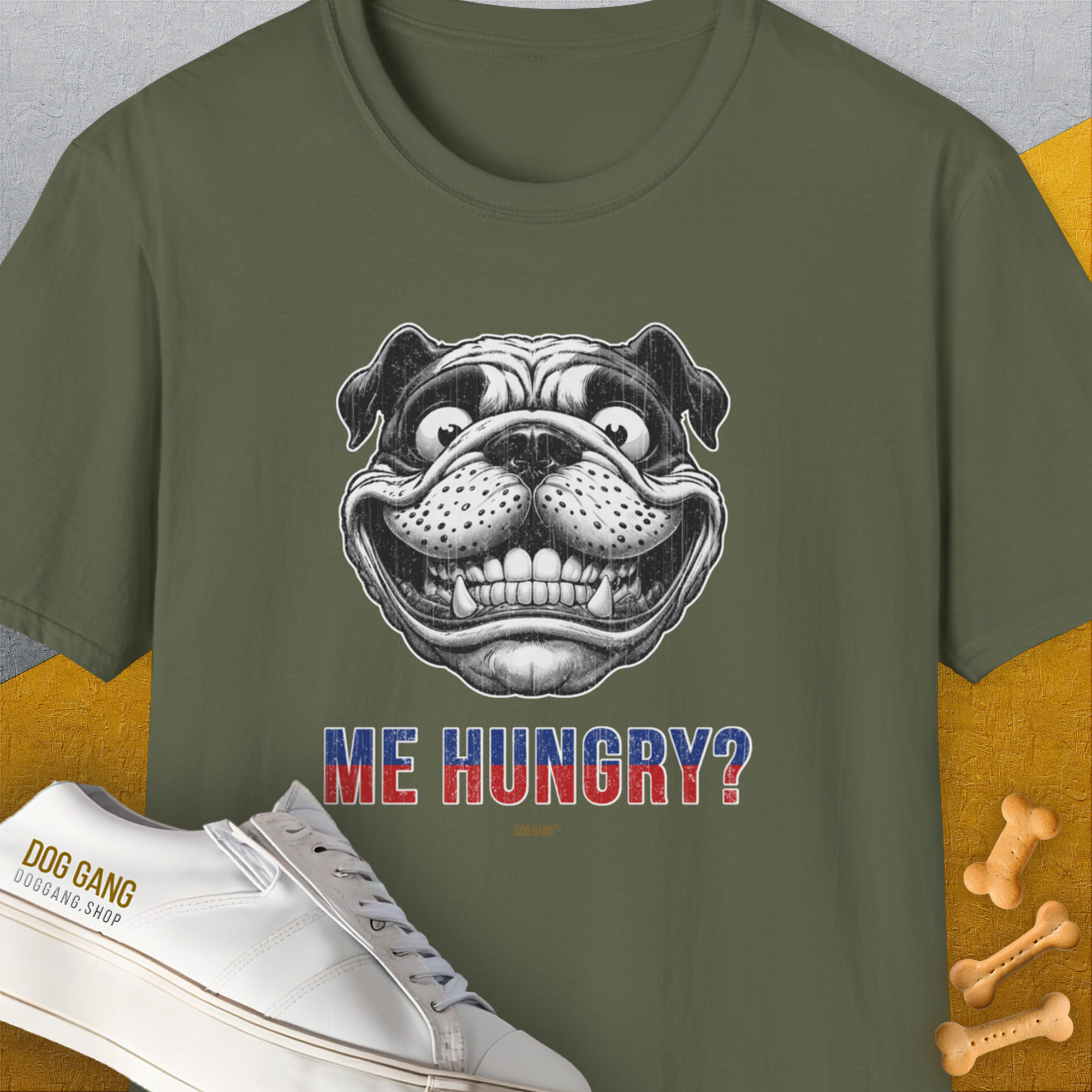 Me Hungry? Volume 5, Unisex T-Shirt-Military Green, Design by Dog Gang