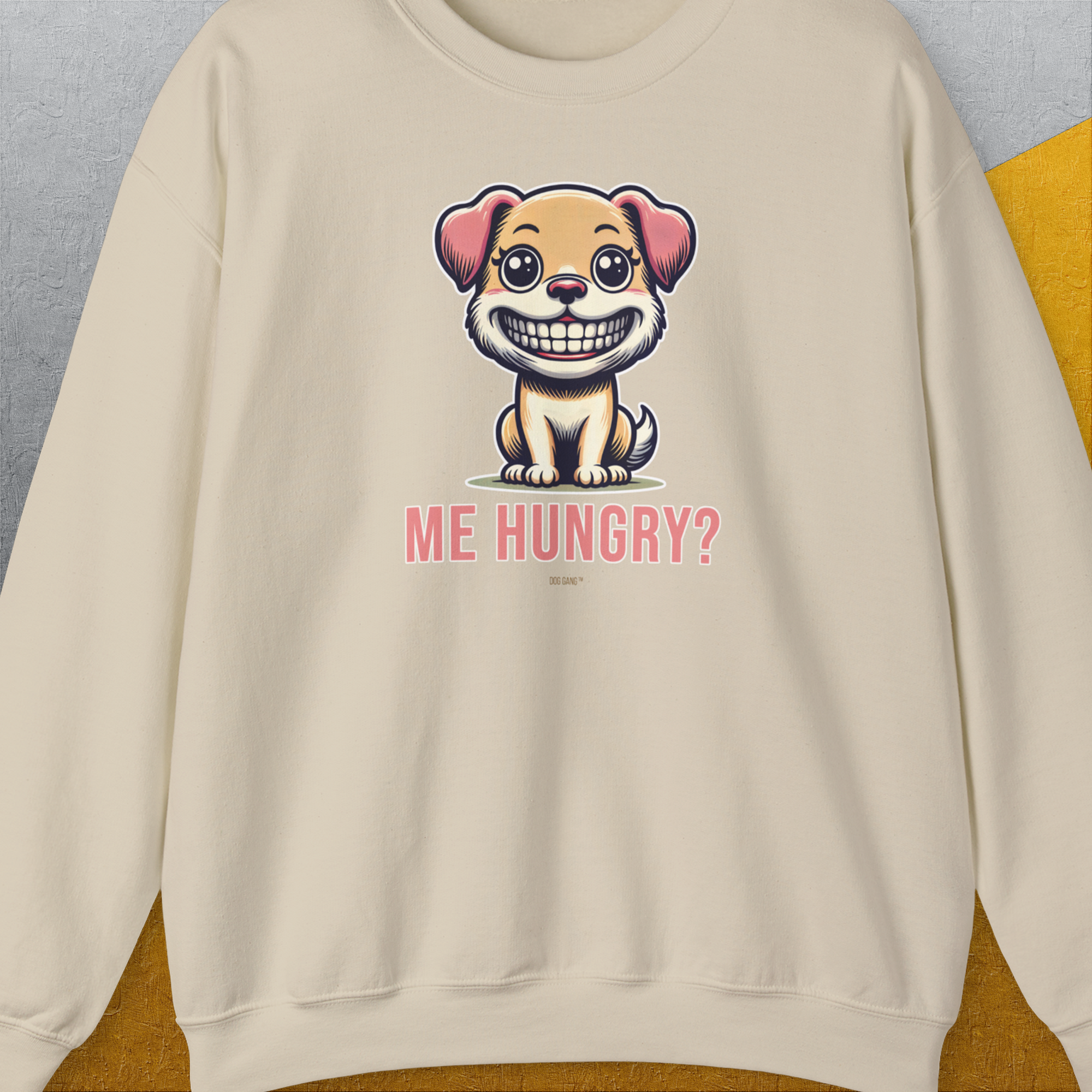 Me Hungry? Volume 1, Unisex Sweatshirt-Sand, a cool design with a funny saying from Dog Gang