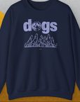 Navy unisex sweatshirt features a cute dog design with howling dogs under a full moon, made from ethically grown cotton. Designed by Dog Gang.