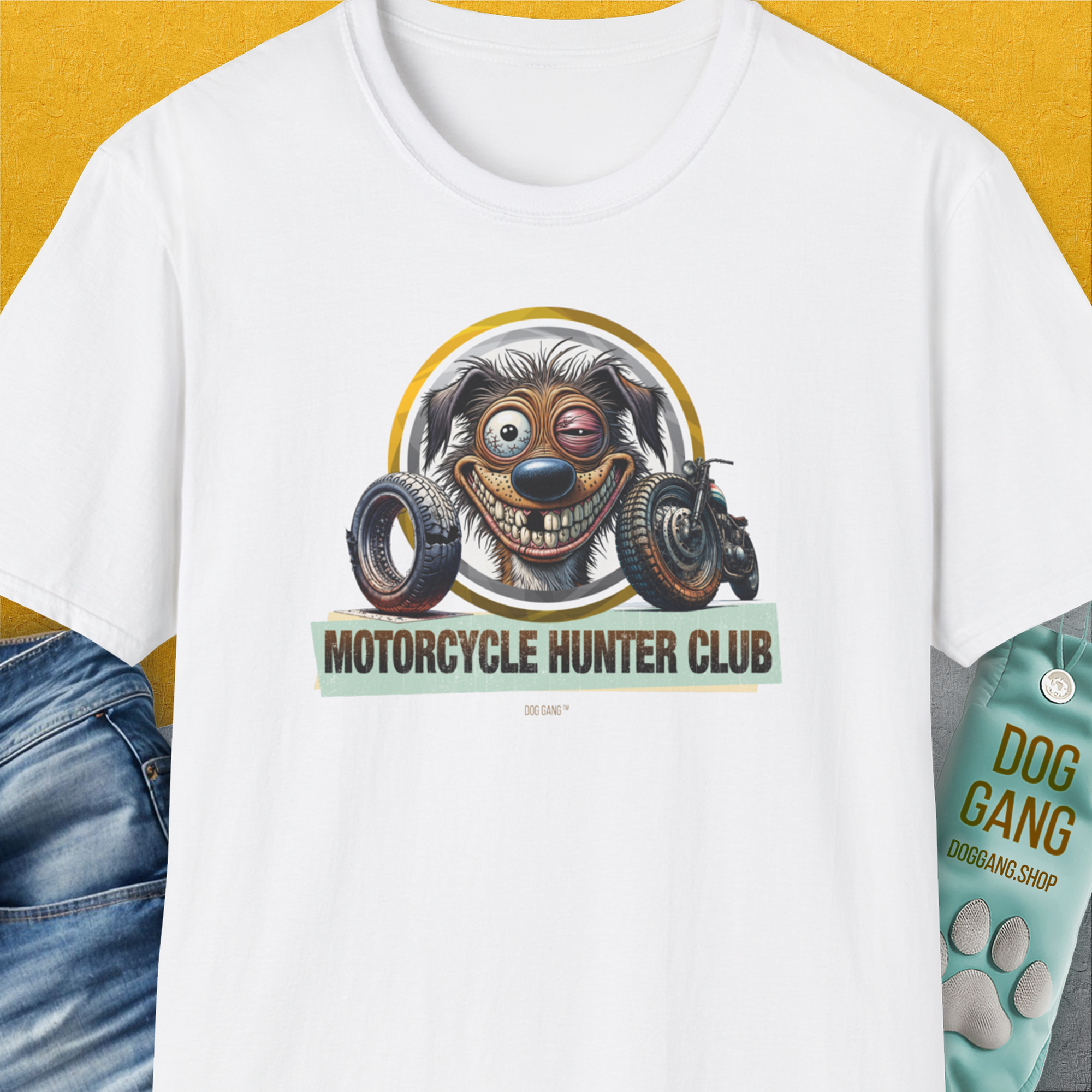 Motorcycle Hunter Club, Volume 2, Unisex T-Shirt-White. A perfect gift for dog lovers and dog owners. Design by Dog Gang