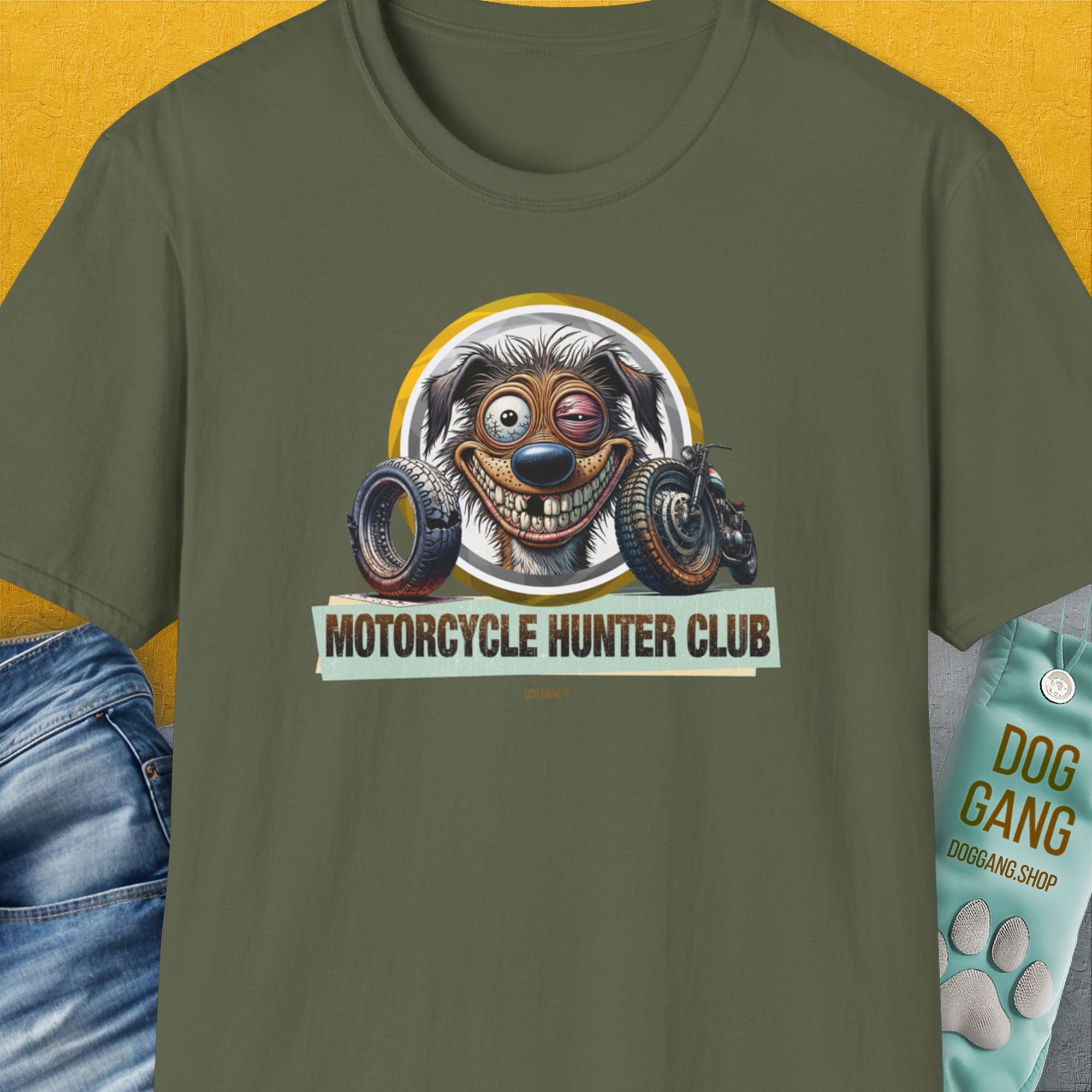 Motorcycle Hunter Club, Volume 2, Unisex T-Shirt-Military Green, Design by Dog Gang
