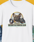 Motorcycle Hunter Club, Volume 3 (French Bulldog), Unisex T-Shirt-White. A perfect gift for dog lovers and dog owners. Design by Dog Gang
