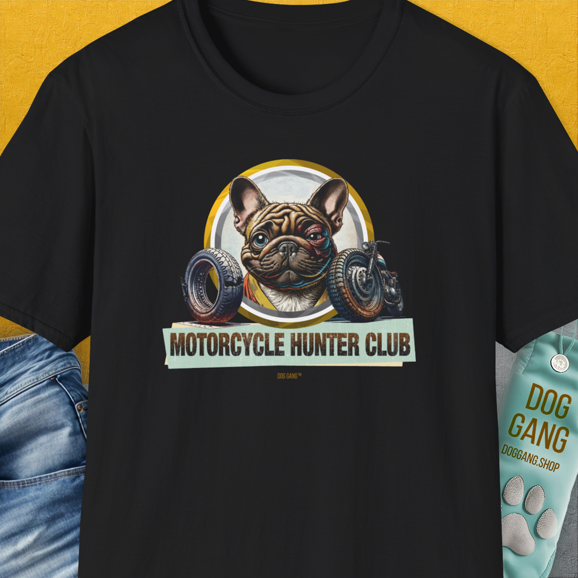 Motorcycle Hunter Club, Volume 3 (French Bulldog), Unisex T-Shirt-Black, Design by Dog Gang