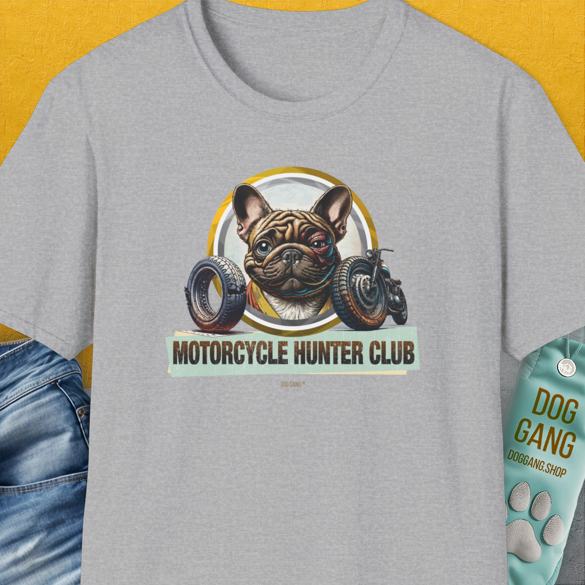 Motorcycle Hunter Club, Volume 3 (French Bulldog), Unisex T-Shirt-Sport Grey, Design by Dog Gang