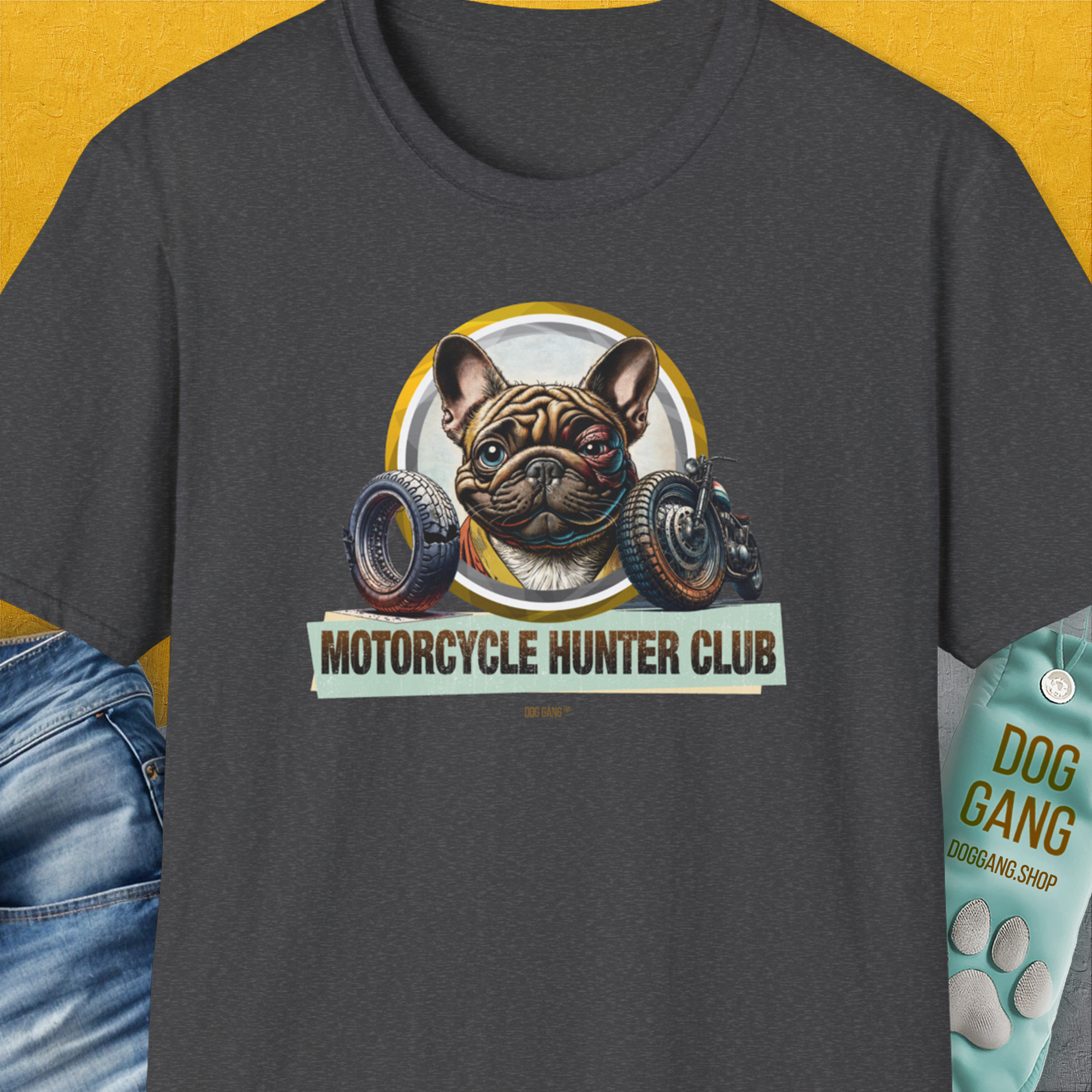 Motorcycle Hunter Club, Volume 3 (French Bulldog), Unisex T-Shirt-Dark Heather, Design by Dog Gang