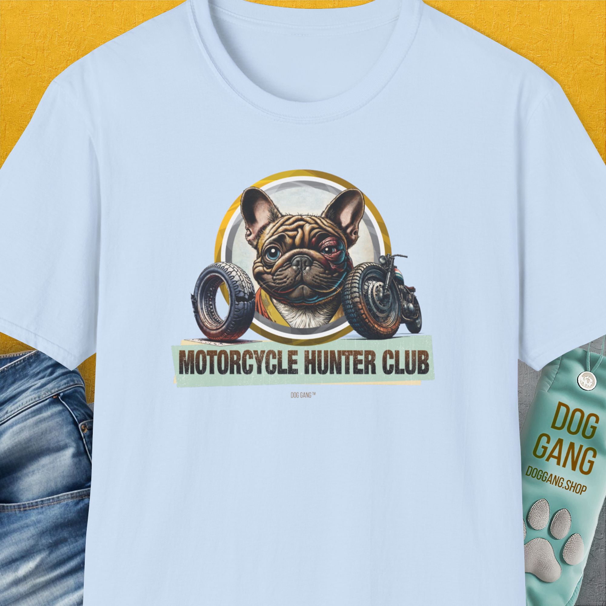 Motorcycle Hunter Club, Volume 3 (French Bulldog), Unisex T-Shirt-Light Blue, Design by Dog Gang