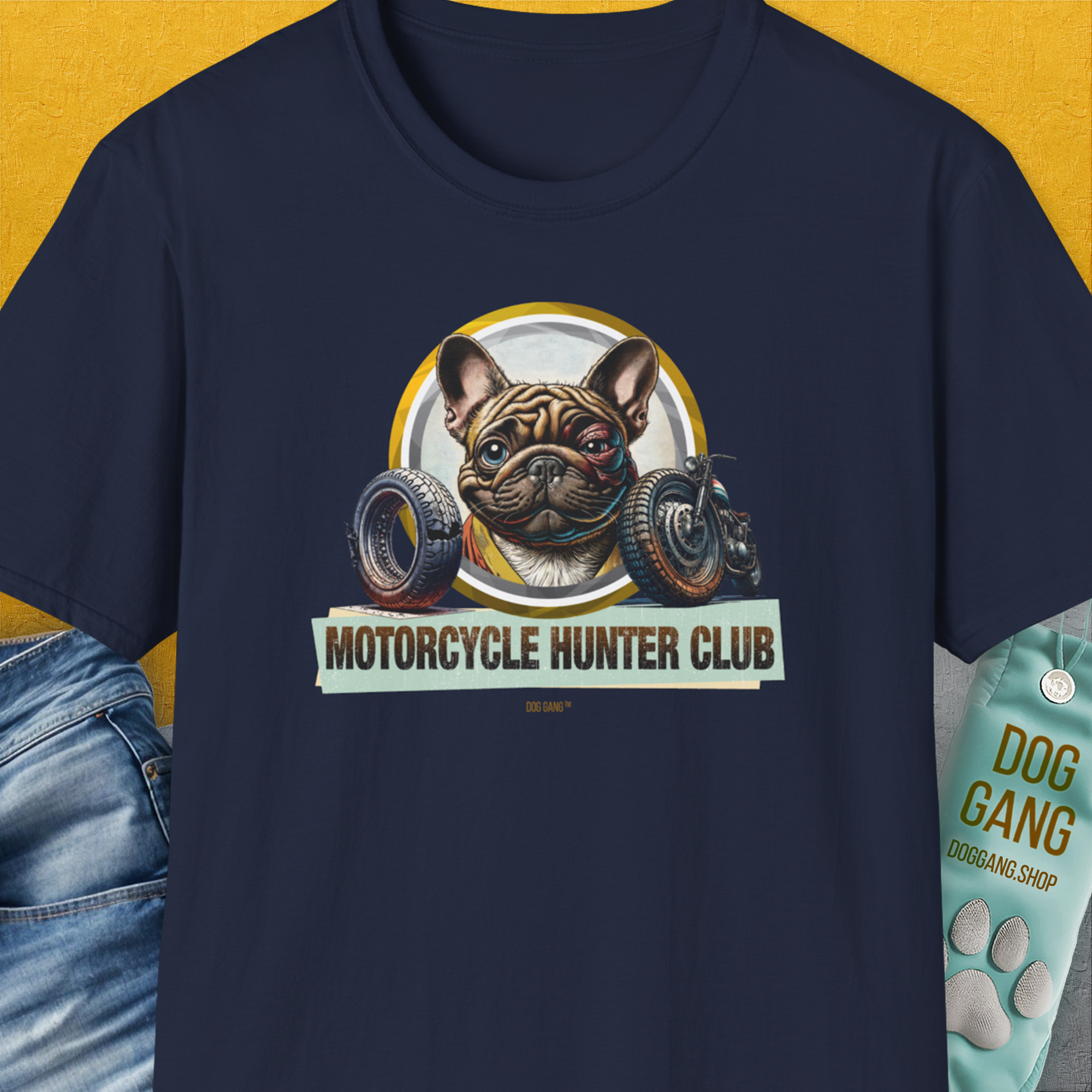 Motorcycle Hunter Club, Volume 3 (French Bulldog), Unisex T-Shirt-Navy, Design by Dog Gang