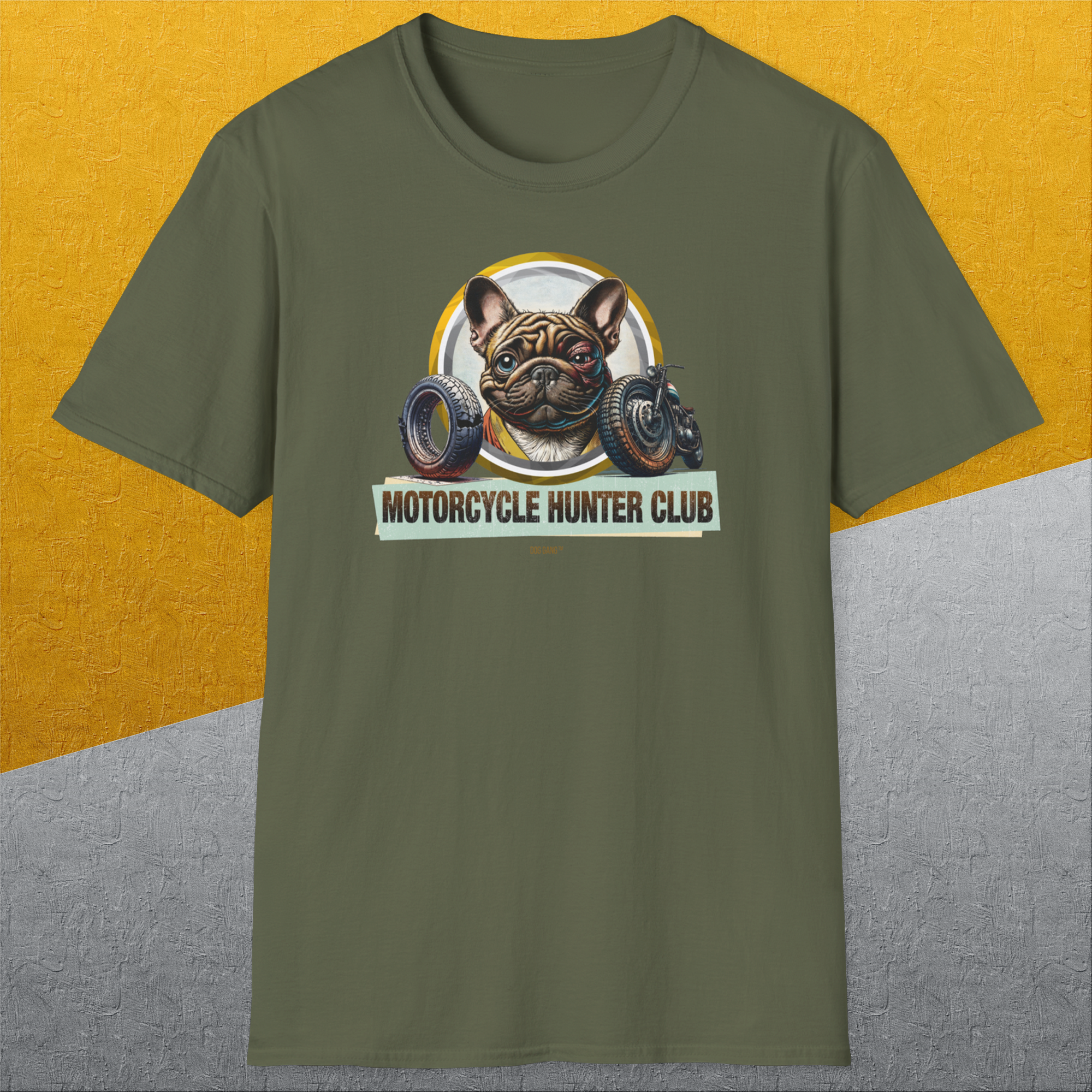 Motorcycle Hunter Club, Volume 3 (French Bulldog), Unisex T-Shirt-, a cool and stylish design with a funny saying from Dog Gang