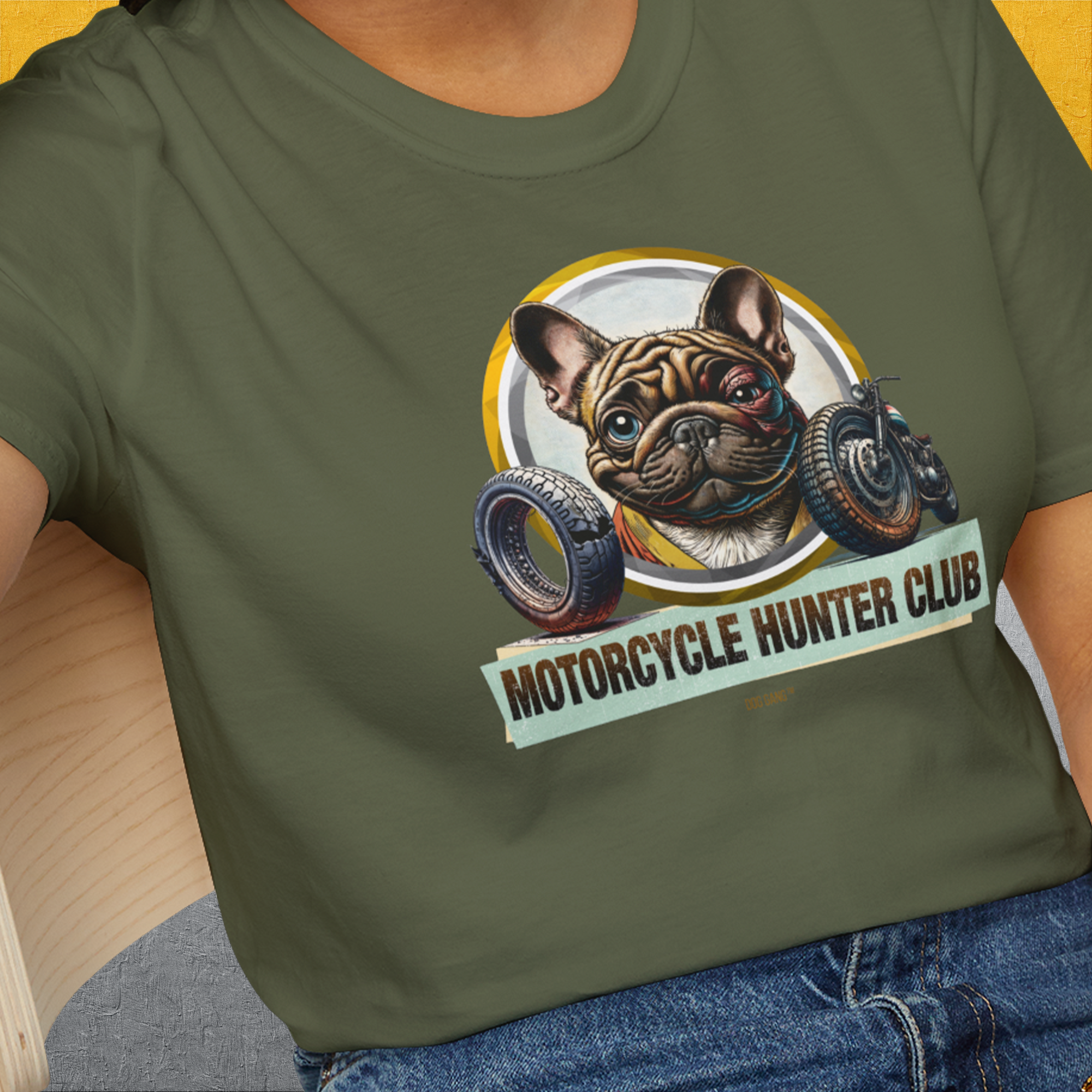Motorcycle Hunter Club, Volume 3 (French Bulldog), Unisex T-Shirt-, a fun and stylish design for dog lovers from Dog Gang