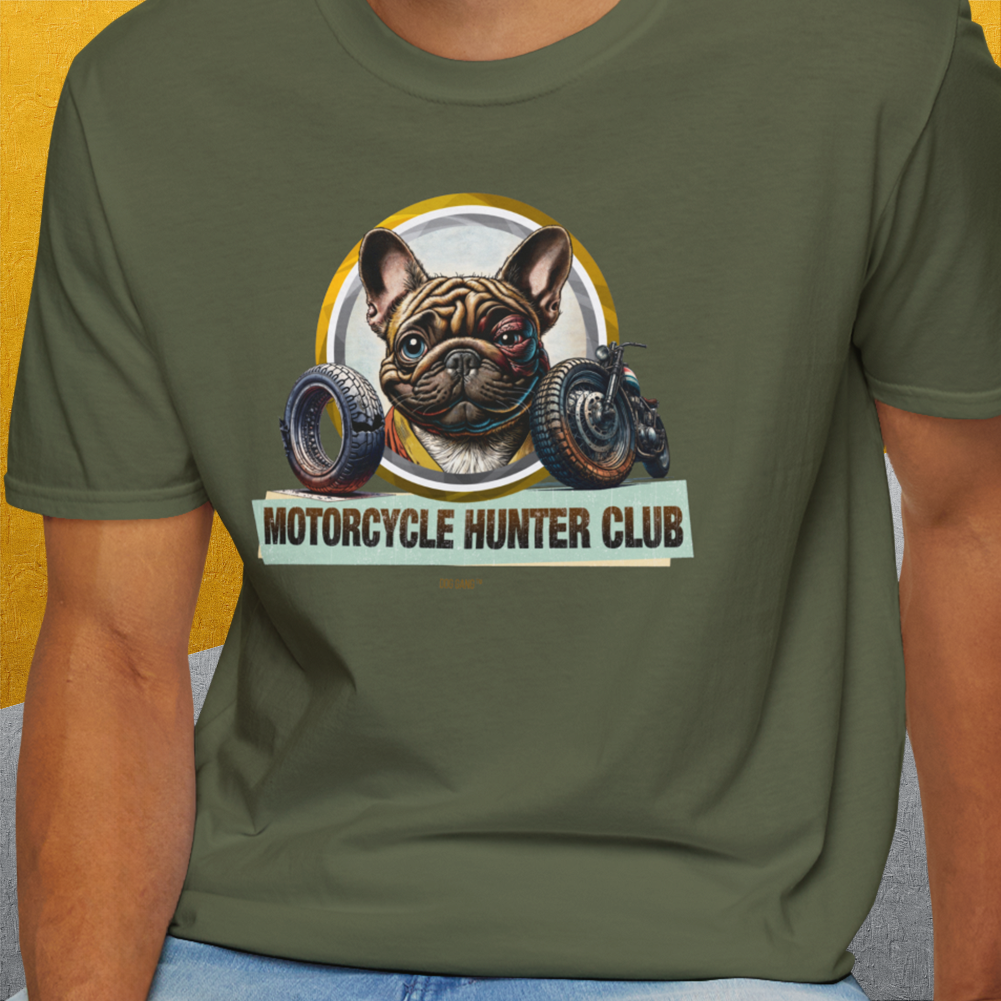 Motorcycle Hunter Club, Volume 3 (French Bulldog), Unisex T-Shirt-. For dog lovers and dog owners. Design by Dog Gang