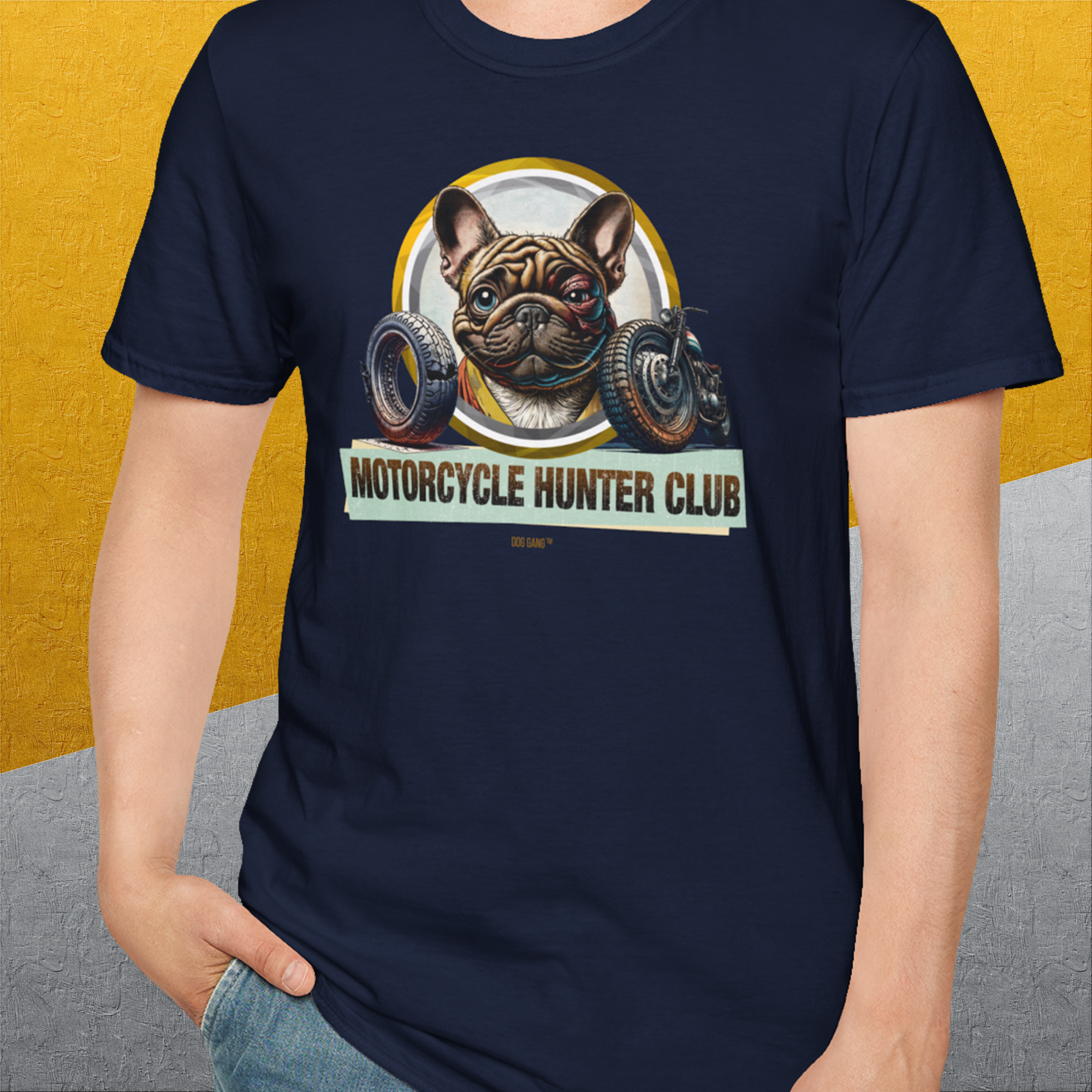 Motorcycle Hunter Club, Volume 3 (French Bulldog), Unisex T-Shirt-, Design by Dog Gang