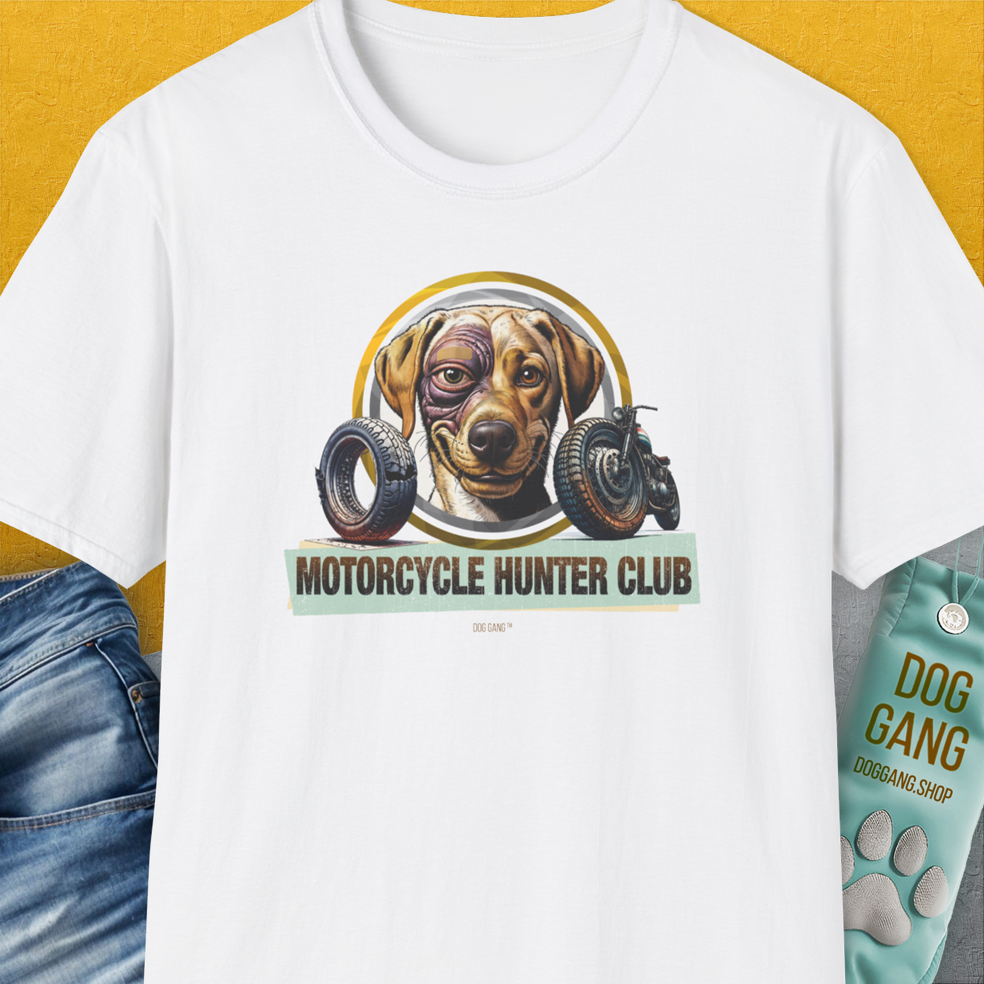 Motorcycle Hunter Club, Volume 4 (Labrador), Unisex T-Shirt-White. A perfect gift for dog lovers and dog owners. Design by Dog Gang