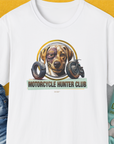 Motorcycle Hunter Club, Volume 4 (Labrador), Unisex T-Shirt-White. A perfect gift for dog lovers and dog owners. Design by Dog Gang