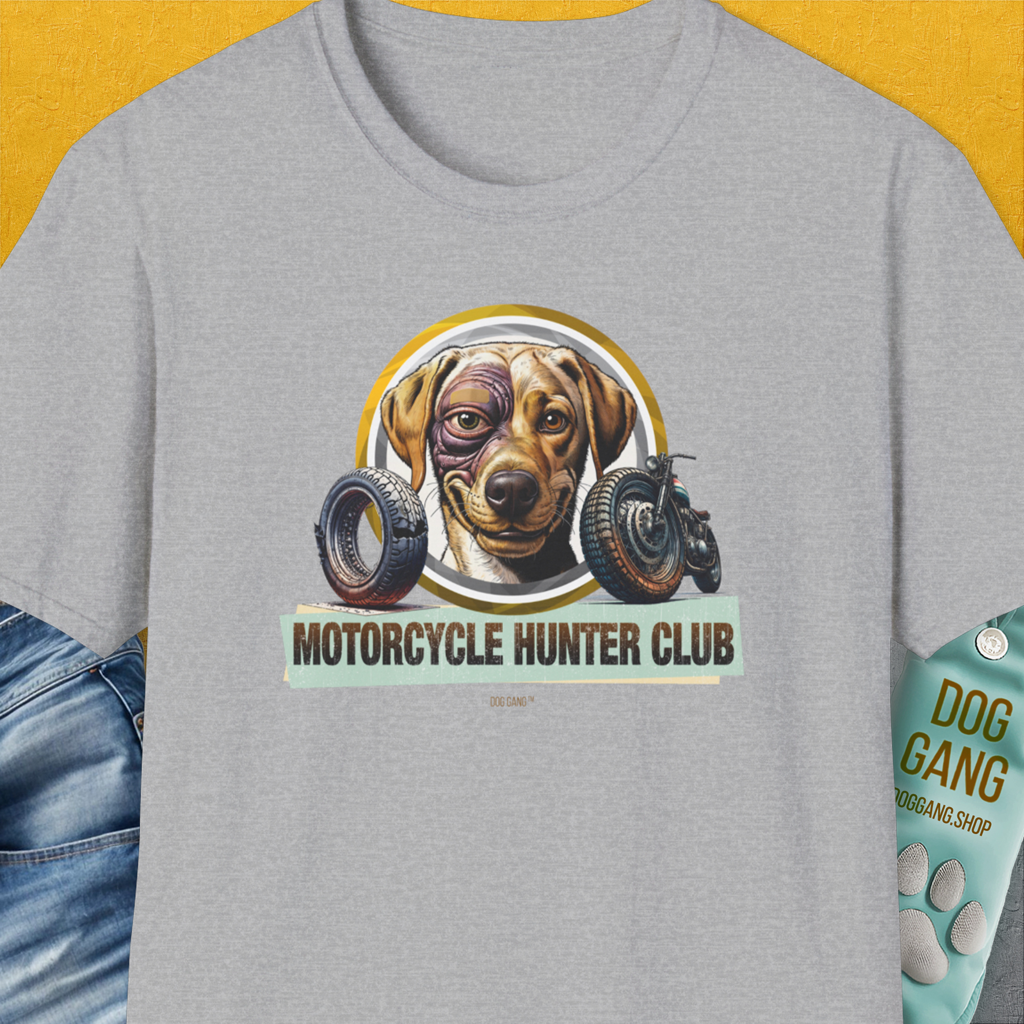 Motorcycle Hunter Club, Volume 4 (Labrador), Unisex T-Shirt-Sport Grey, Design by Dog Gang