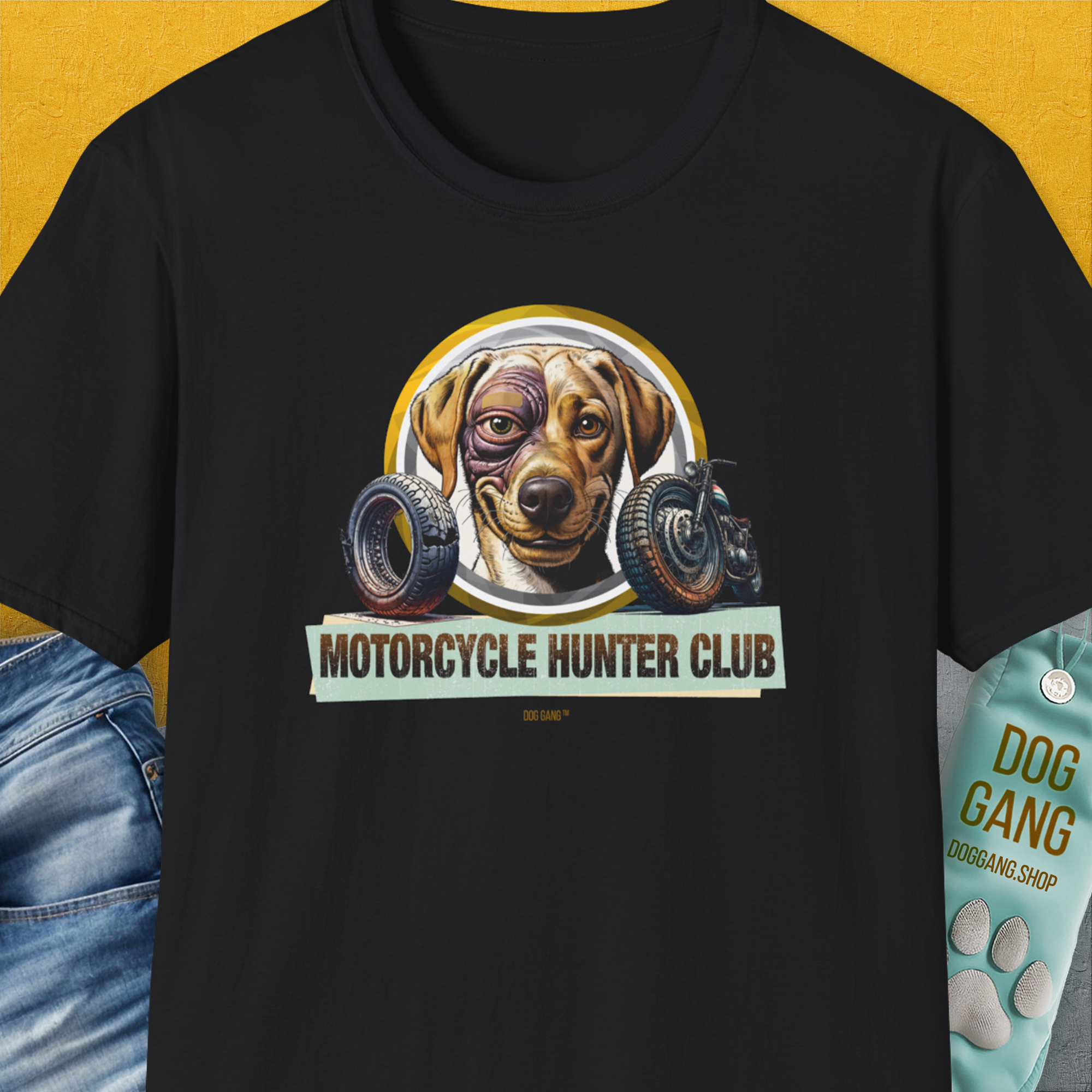 Motorcycle Hunter Club, Volume 4 (Labrador), Unisex T-Shirt-Black, Design by Dog Gang