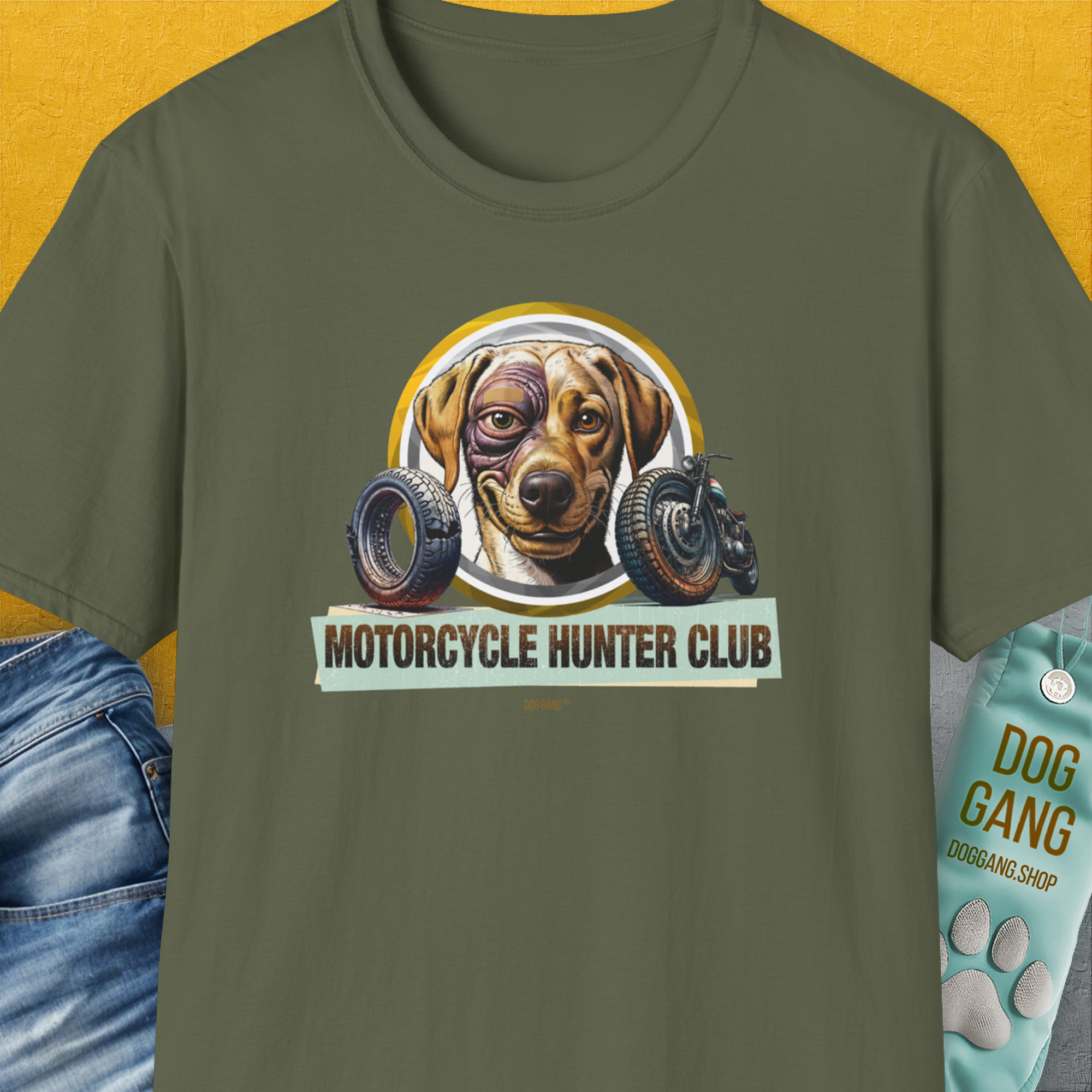 Motorcycle Hunter Club, Volume 4 (Labrador), Unisex T-Shirt-Military Green, Design by Dog Gang