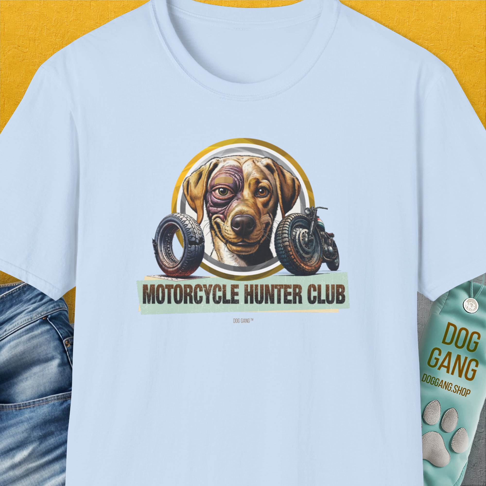 Motorcycle Hunter Club, Volume 4 (Labrador), Unisex T-Shirt-Light Blue, Design by Dog Gang