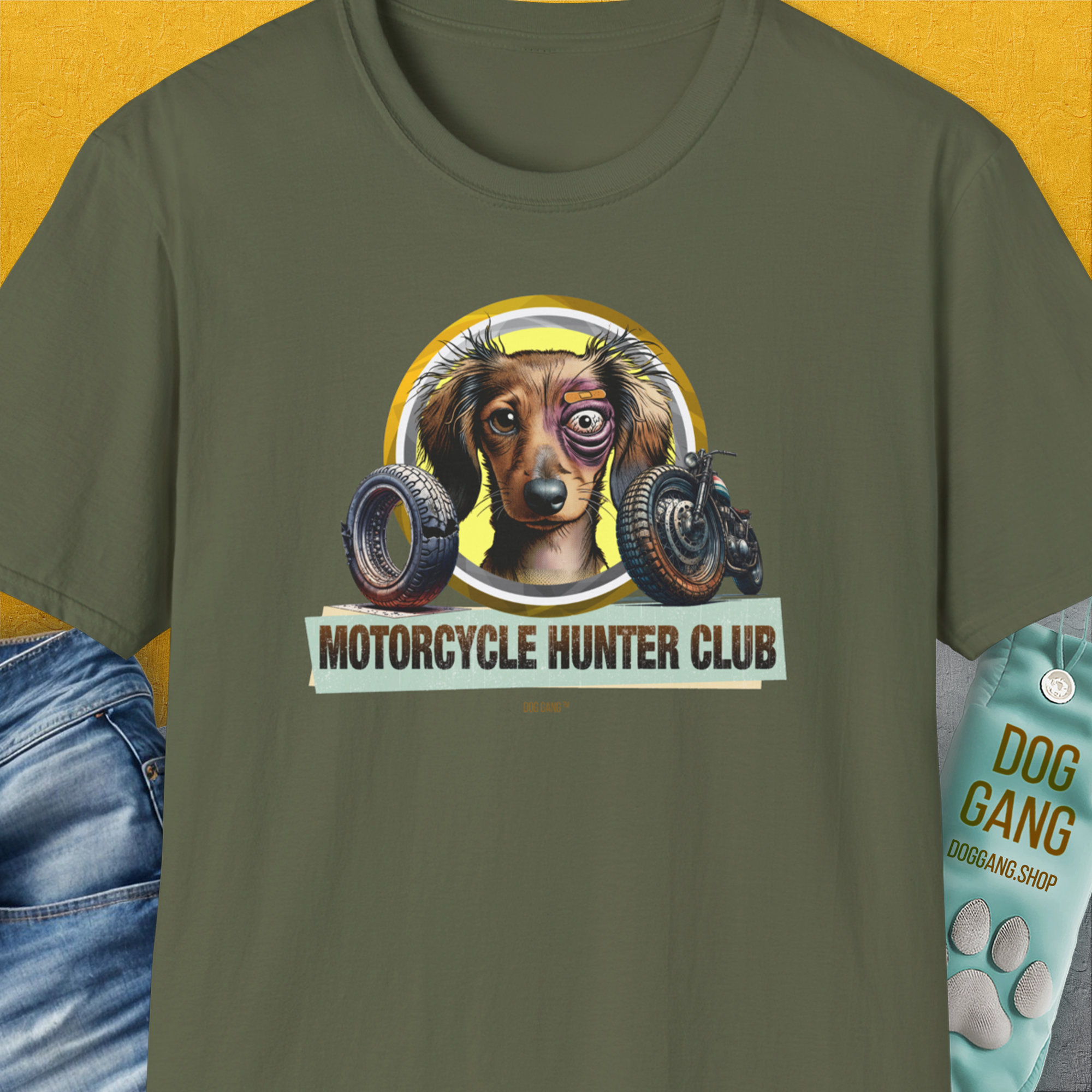 Motorcycle Hunter Club, Volume 5 (Dackel / Dachshund), Unisex T-Shirt-Military Green, Design by Dog Gang