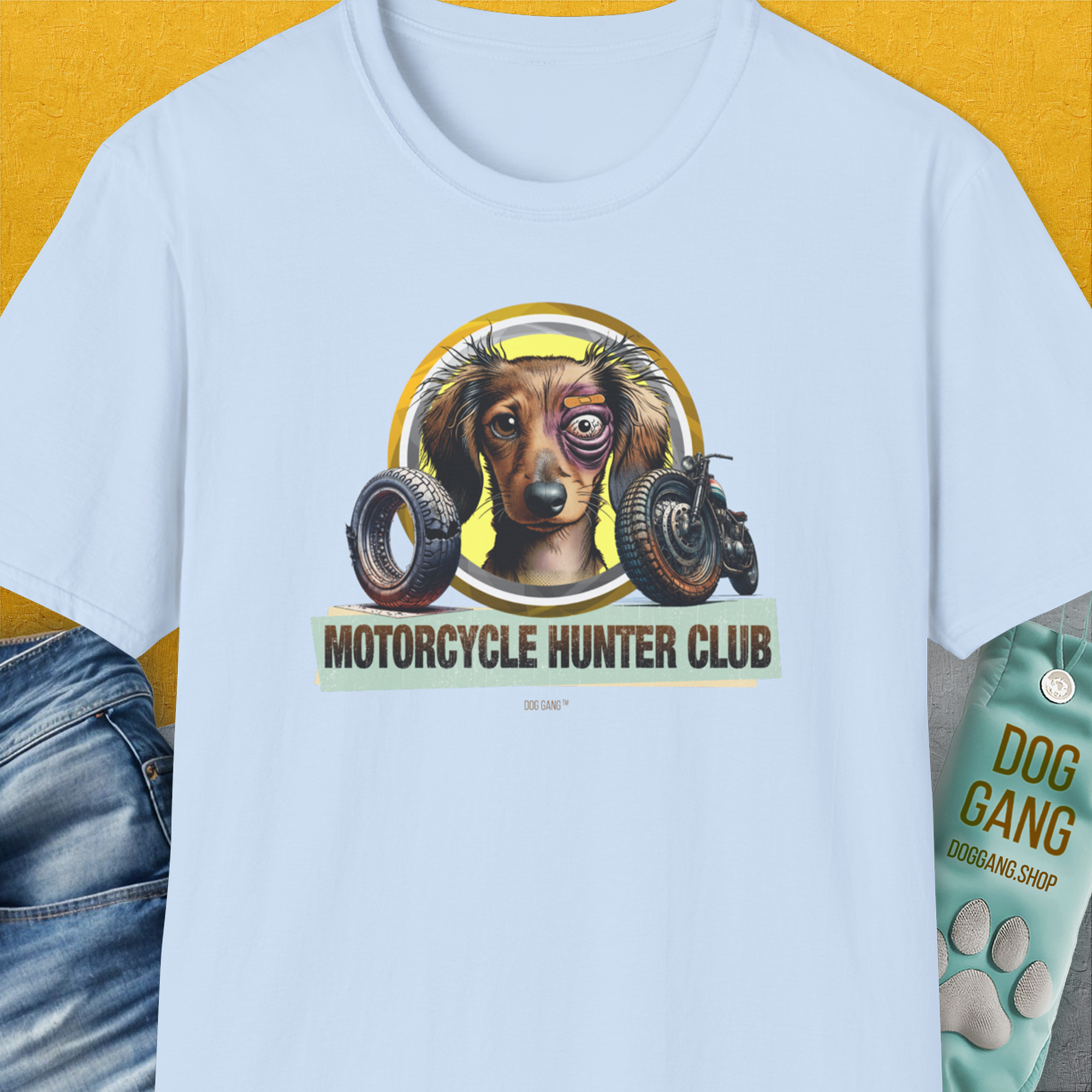 Motorcycle Hunter Club, Volume 5 (Dackel / Dachshund), Unisex T-Shirt-Light Blue, Design by Dog Gang