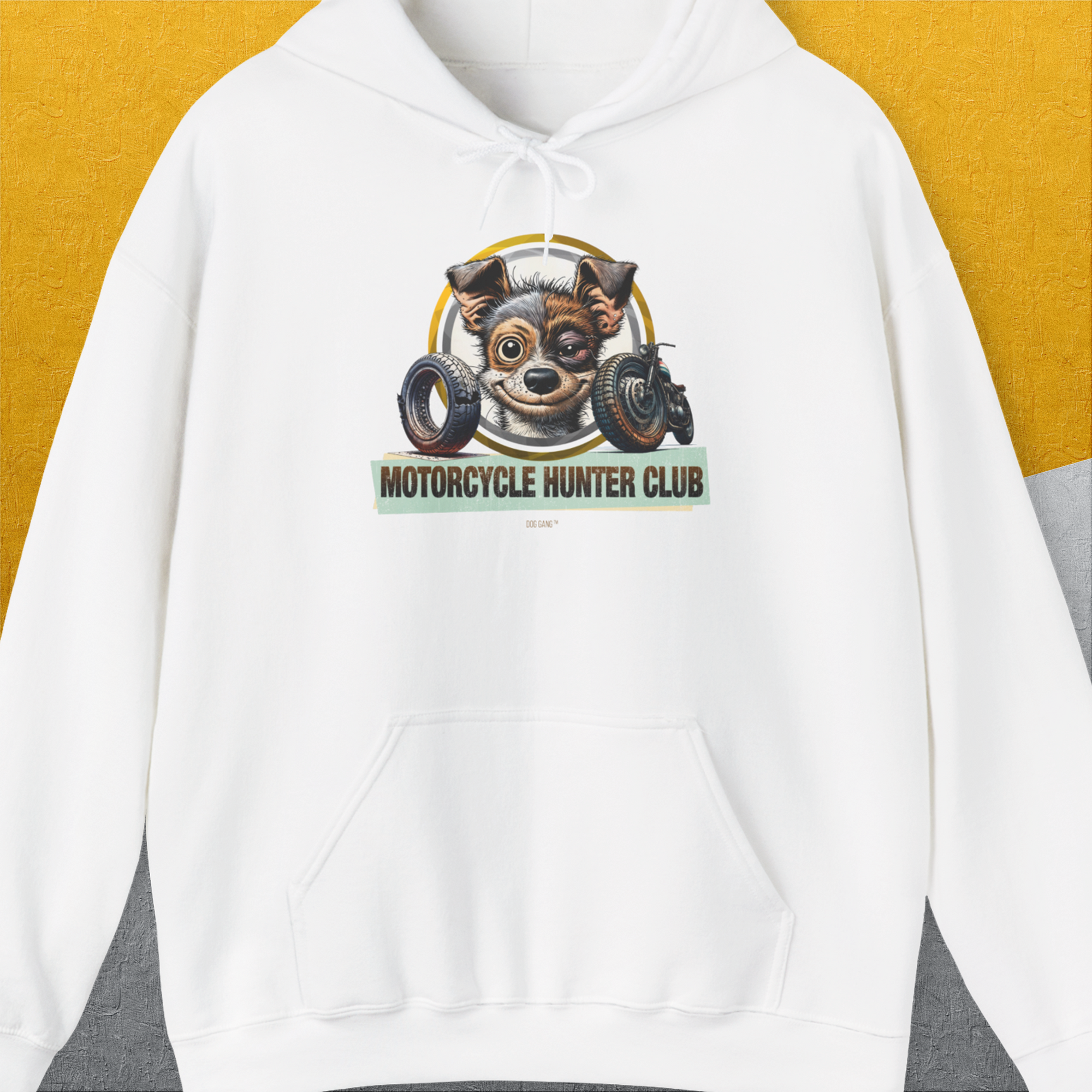 Motorcycle Hunter Club, Volume 1, Unisex Hoodie-White. A perfect gift for dog lovers and dog owners. Design by Dog Gang