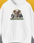 Motorcycle Hunter Club, Volume 1, Unisex Hoodie-White. A perfect gift for dog lovers and dog owners. Design by Dog Gang
