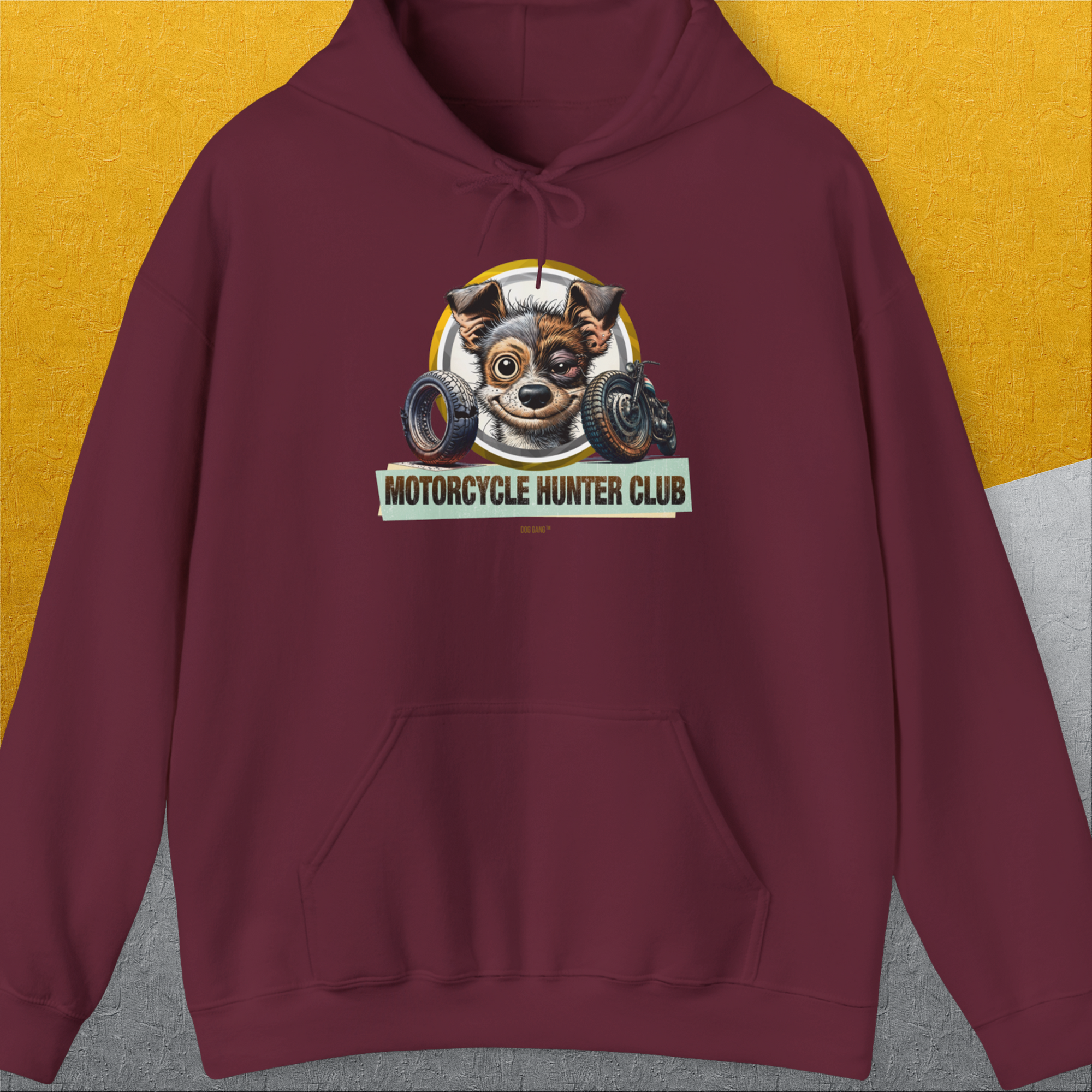 Motorcycle Hunter Club, Volume 1, Unisex Hoodie-Maroon, Design by Dog Gang