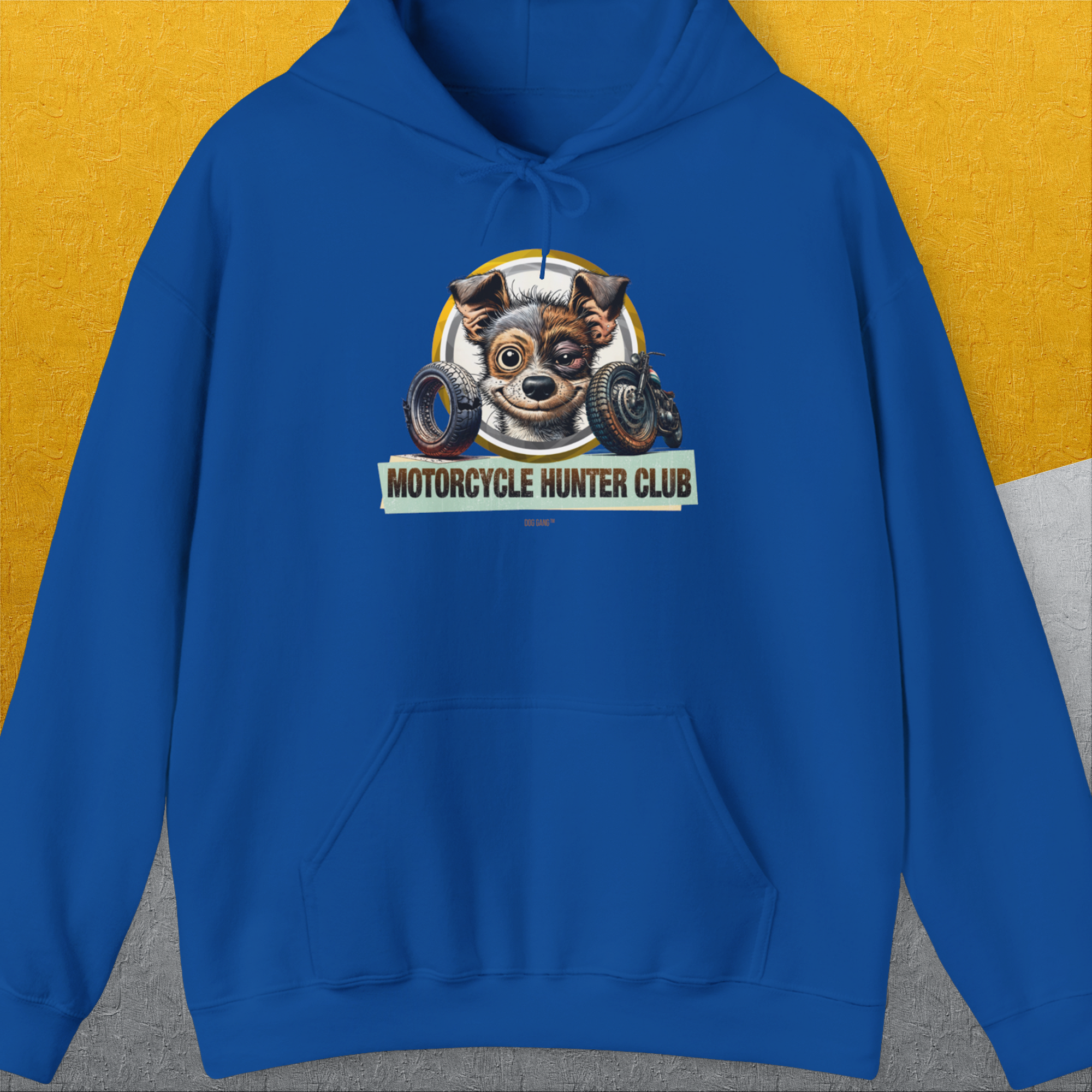 Motorcycle Hunter Club, Volume 1, Unisex Hoodie-Royal, Design by Dog Gang