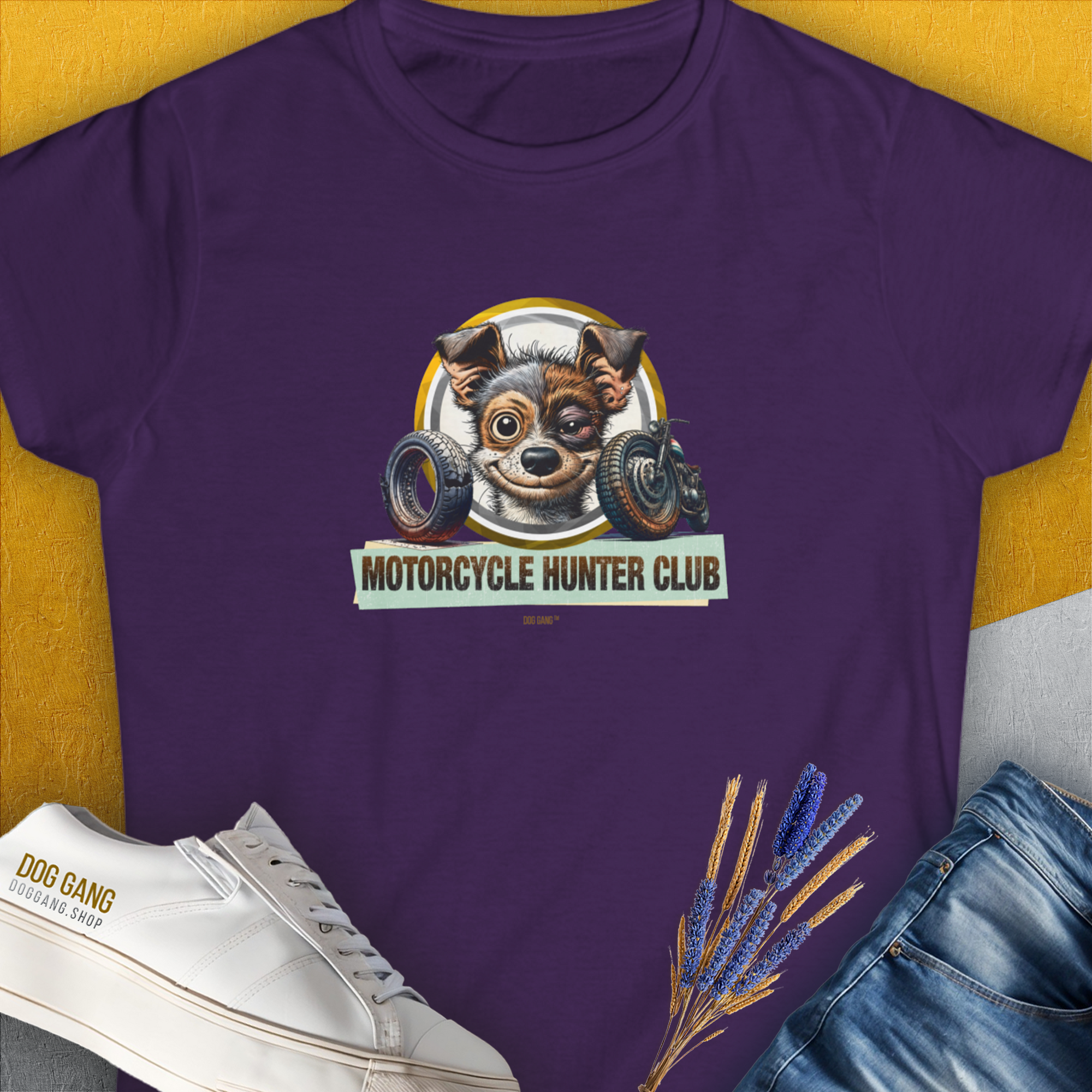 Motorcycle Hunter Club, Volume 1, Women's T-Shirt-Purple, a cool and stylish design with a funny saying from Dog Gang