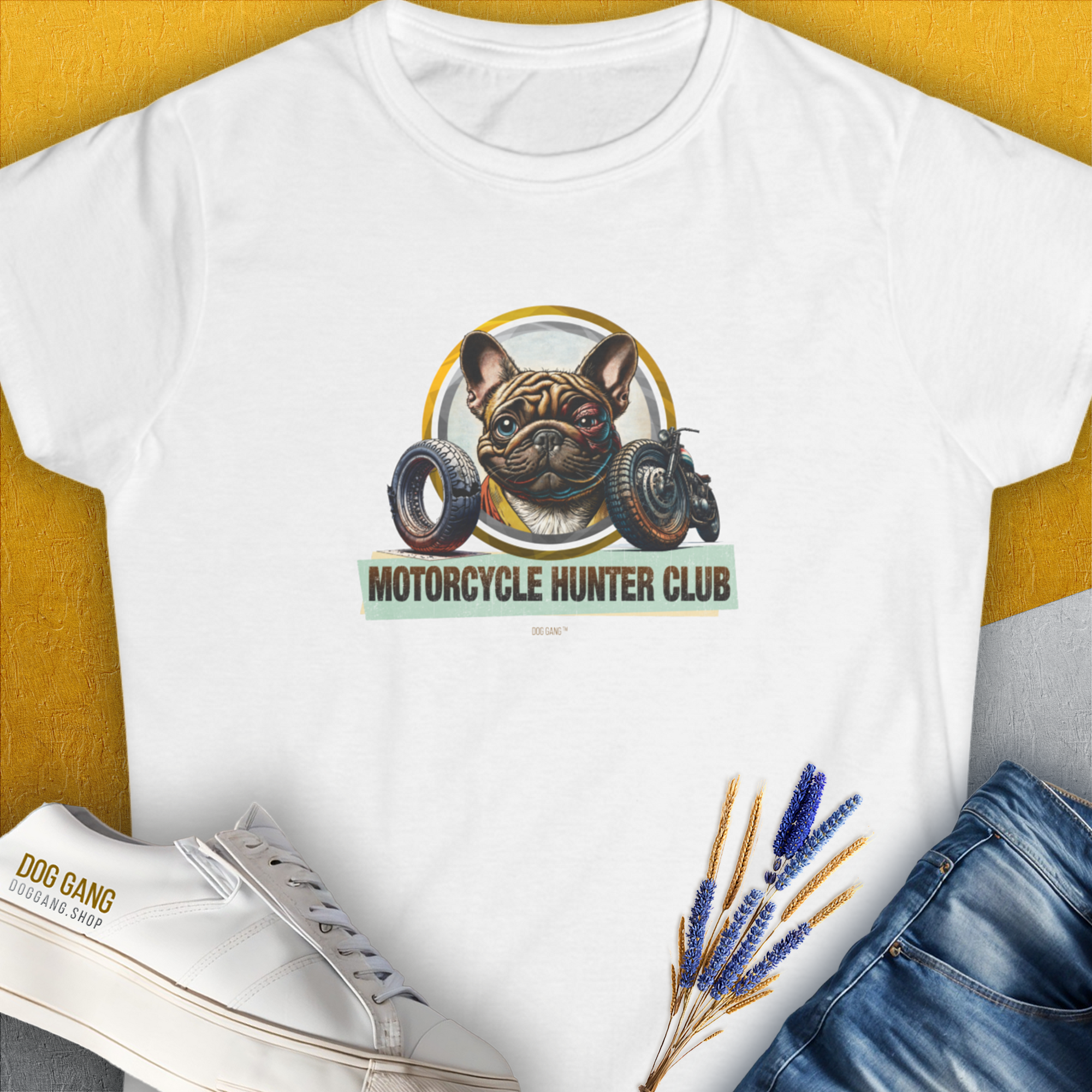 Motorcycle Hunter Club, Volume 3 (French Bulldog), Women's T-Shirt-White. For dog lovers and dog owners. Design by Dog Gang