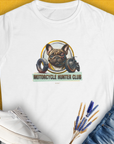 Motorcycle Hunter Club, Volume 3 (French Bulldog), Women's T-Shirt-White. For dog lovers and dog owners. Design by Dog Gang