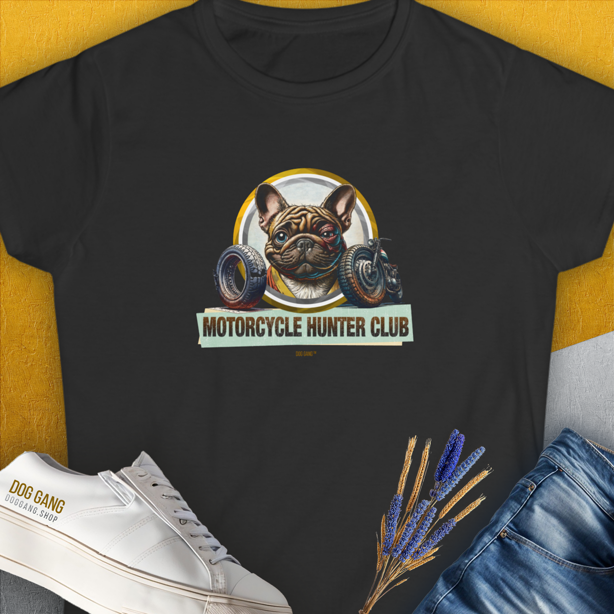 Motorcycle Hunter Club, Volume 3 (French Bulldog), Women's T-Shirt-Black. A perfect gift for dog lovers and dog owners. Design by Dog Gang