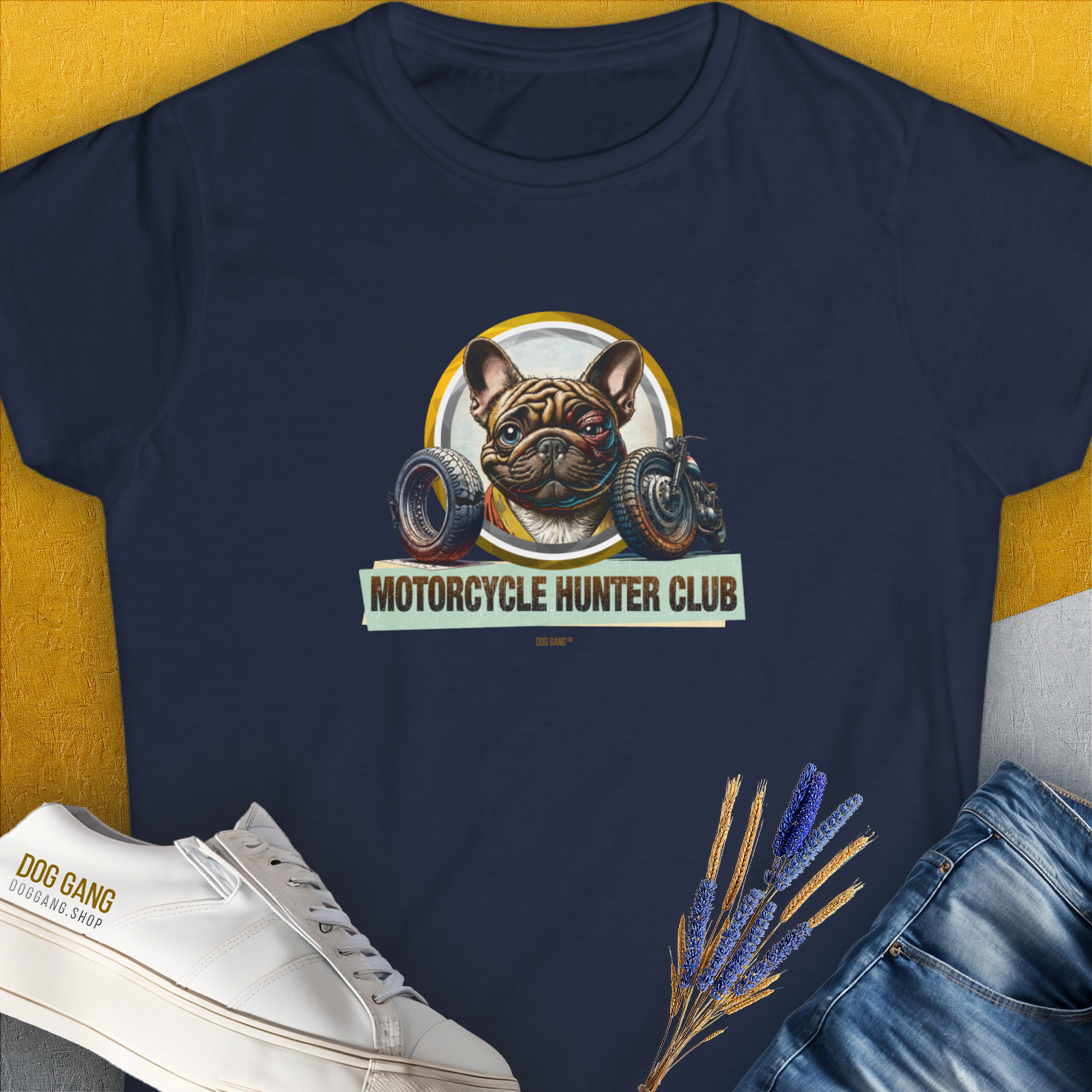 Motorcycle Hunter Club, Volume 3 (French Bulldog), Women's T-Shirt-Navy. A dog-themed Design from Dog Gang
