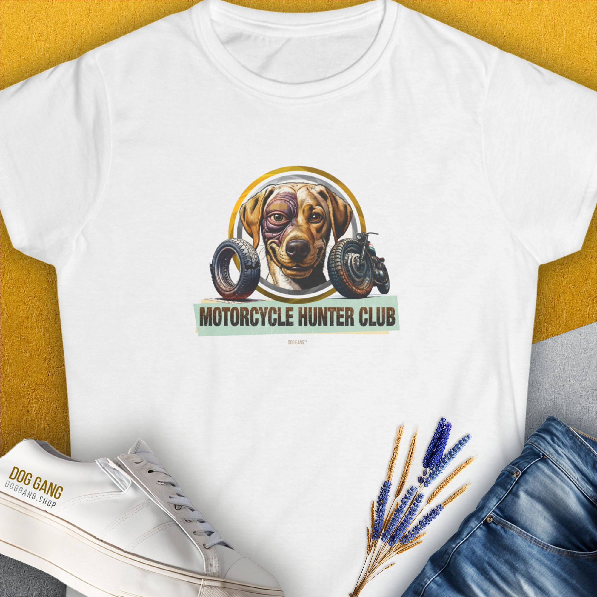 Motorcycle Hunter Club, Volume 4 (Labrador), Women's T-Shirt-White. For dog lovers and dog owners. Design by Dog Gang