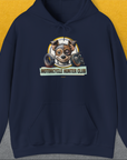The Motorcycle Hunter Club, Volume 1 hoodie showcases a funny slightly battered cartoon dog with a black eye, perfect for any dog lover. Designed by Dog Gang.