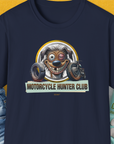 This funny dog-themed tee features a slightly battered dog with a black eye and the humorous slogan "Motorcycle Hunter Club". Designed by Dog Gang.