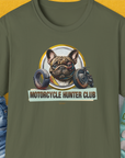 The funny Military Green unisex t-shirt, Motorcycle Hunter Club, Volume 3 (French Bulldog), features a slightly battered French bulldog with a black eye and the humorous slogan "Motorcycle Hunter Club". Designed by Dog Gang.
