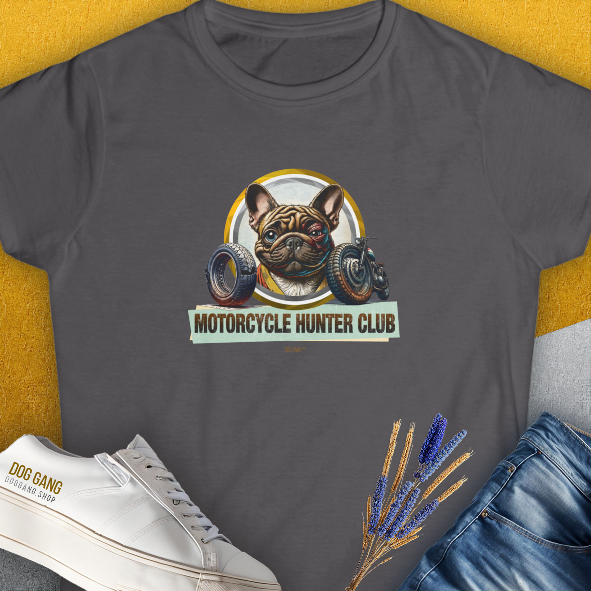 Funny shirt a funny graphic of a slightly battered french bulldog with a black eye and the slogan "Motorcycle Hunter Club". Perfect for any dog lover. Volume 3 of the legendary MOTORCYCLE HUNTER CLUB-series. Design by Dog Gang.
