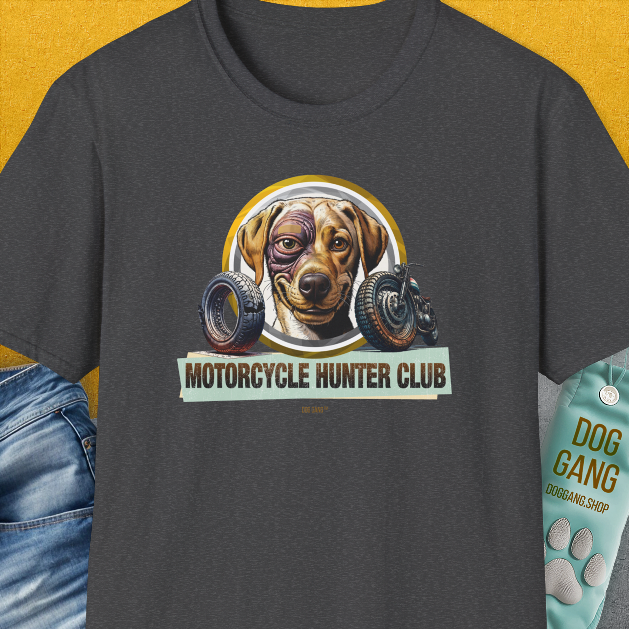 This funny dog-themed T-shirt (Volume 4 of the Motorcycle Hunter series) features a slightly battered Labrador with a black eye and the humorous slogan "Motorcycle Hunter Club". Designed by Dog Gang. A great gift for any Labrador dog lover.