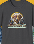 This funny dog-themed T-shirt (Volume 4 of the Motorcycle Hunter series) features a slightly battered Labrador with a black eye and the humorous slogan "Motorcycle Hunter Club". Designed by Dog Gang. A great gift for any Labrador dog lover.