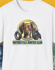 White unisex T-shirt, Motorcycle Hunter Club, Volume 5 (Dackel / Dachshund), with a slightly battered Dachshund and motorcycle motifs. Perfect for any funny dog shirt enthusiast. Designed by Dog Gang.