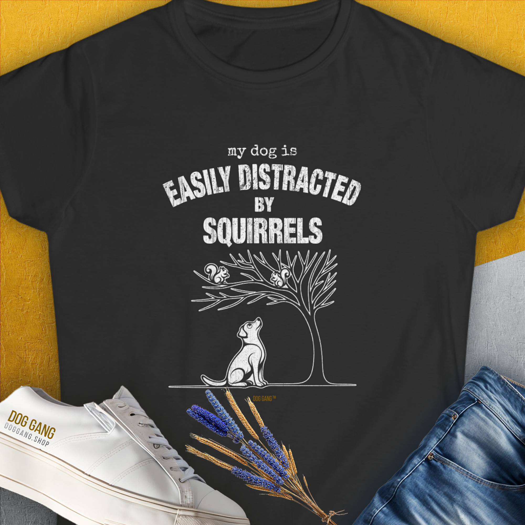 My Dog Is Easily Distracted By - Volume 1: Squirrels, Women's T-Shirt-Black. A perfect gift for dog lovers and dog owners. Design by Dog Gang